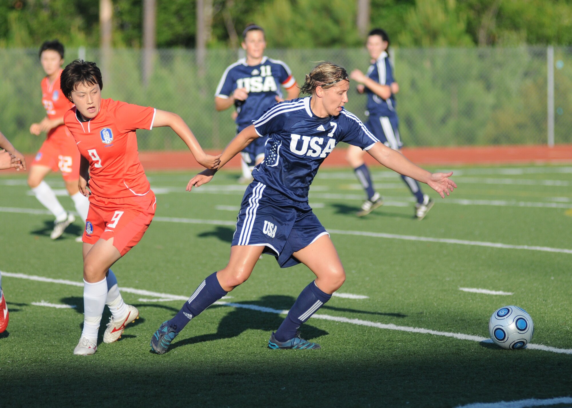 The United States and The Republic of South Korea compete during the 5th CISM Women’s Soccer Championship at Biloxi High School Stadium 7 June.  The CISM tournament, hosted by Keesler Air Force Base, includes teams from Brazil, Canada, France, Germany, The Netherlands, The Republic of South Korea and the United States.  Matches are being held June 6 to 13, with the Gold match June 13 at 2 p.m.  Organizers say the tournament gives teams and people who attend a chance to develop bonds and life-long friendships between the countries and a chance to learn about one another’s cultural similarities and differences.  (U.S. Air Force photo by Kemberly Groue)