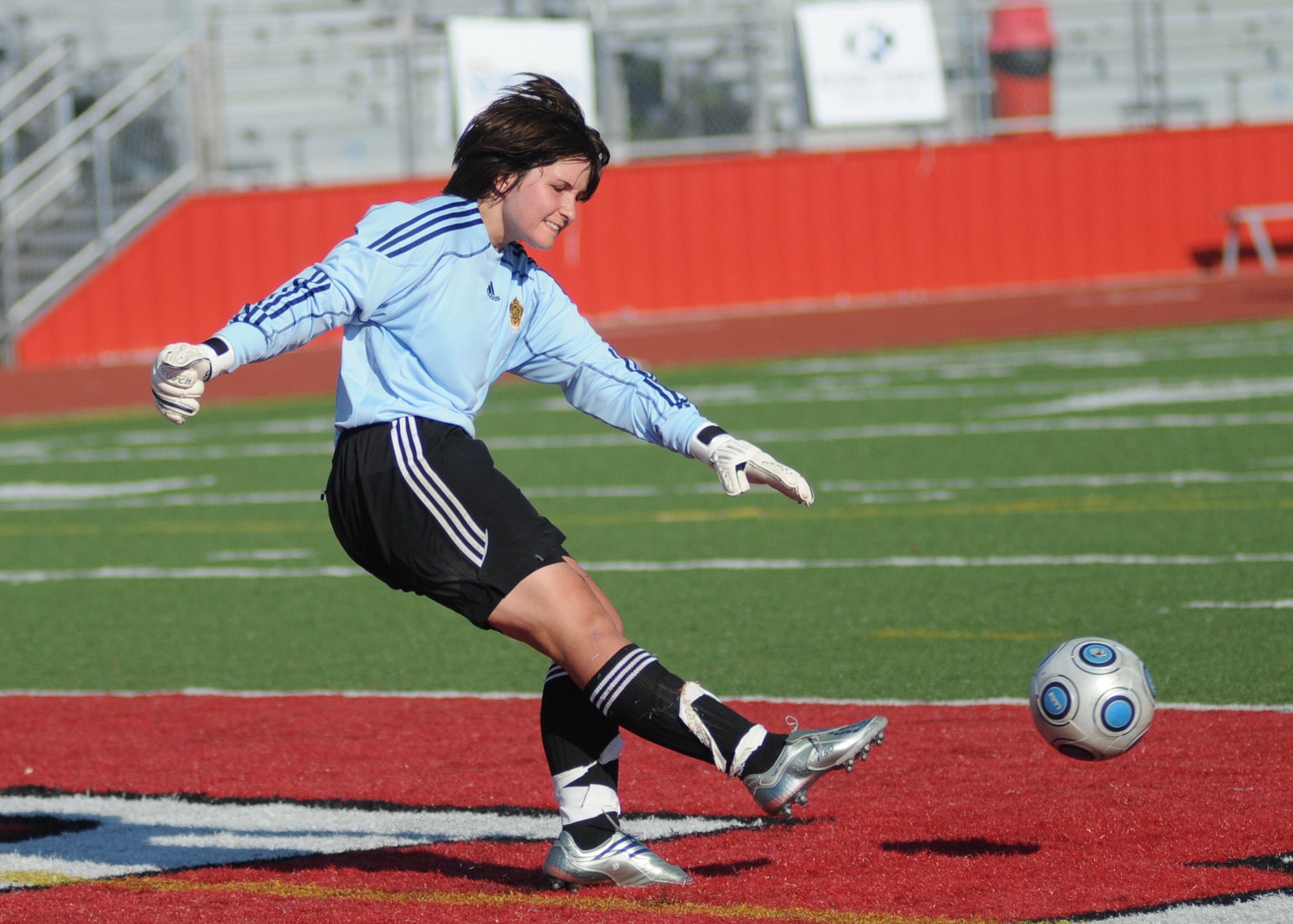 Canada and France compete during the 5th CISM Women’s Soccer Championship at Biloxi High School Stadium 7 June.  The CISM tournament, hosted by Keesler Air Force Base, includes teams from Brazil, Canada, France, Germany, The Netherlands, The Republic of South Korea and the United States.  Matches are being held June 6 to 13, with the Gold match June 13 at 2 p.m.  Organizers say the tournament gives teams and people who attend a chance to develop bonds and life-long friendships between the countries and a chance to learn about one another’s cultural similarities and differences.  (U.S. Air Force photo by Kemberly Groue)