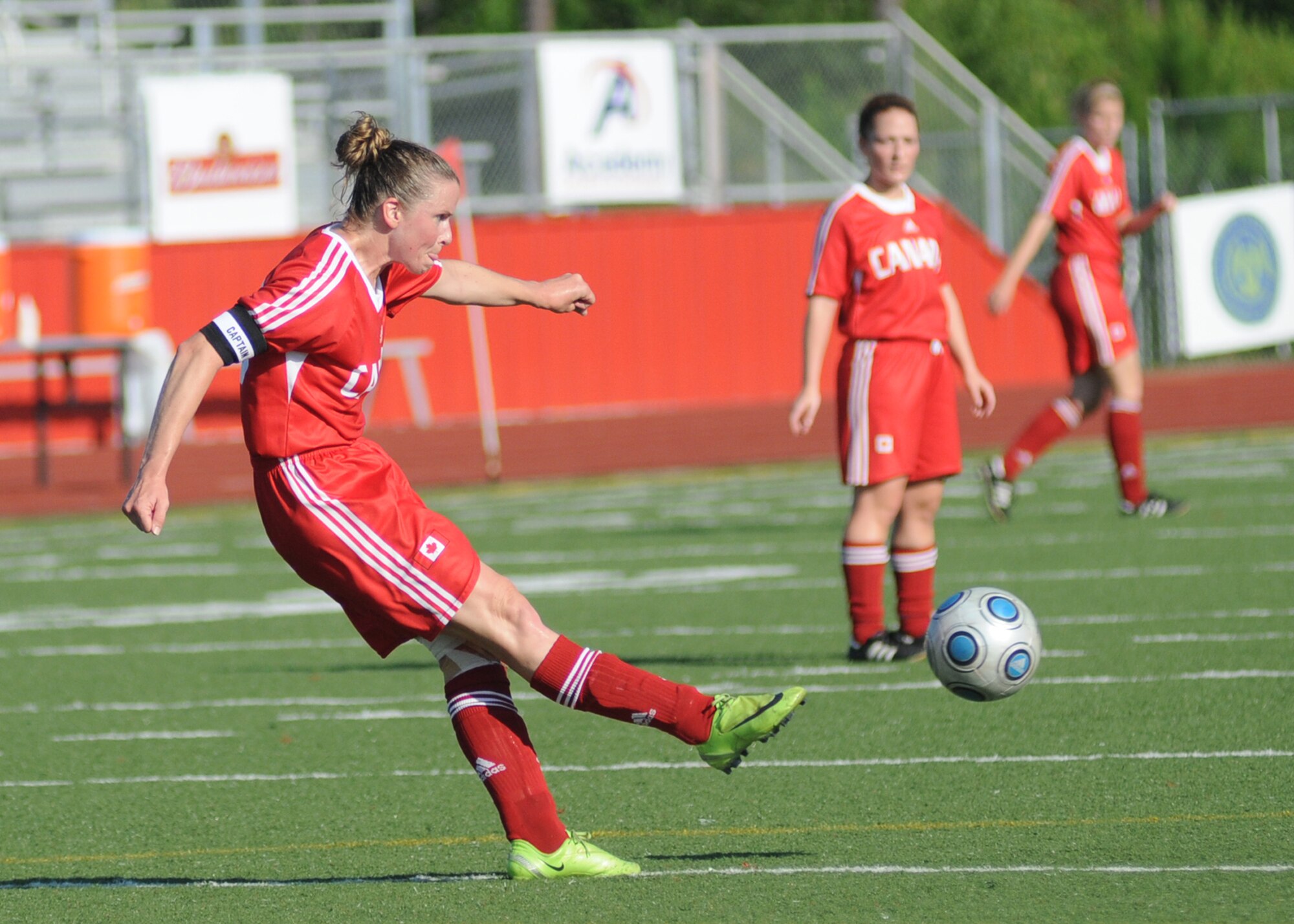 Canada and France compete during the 5th CISM Women’s Soccer Championship at Biloxi High School Stadium 7 June.  The CISM tournament, hosted by Keesler Air Force Base, includes teams from Brazil, Canada, France, Germany, The Netherlands, The Republic of South Korea and the United States.  Matches are being held June 6 to 13, with the Gold match June 13 at 2 p.m.  Organizers say the tournament gives teams and people who attend a chance to develop bonds and life-long friendships between the countries and a chance to learn about one another’s cultural similarities and differences.  (U.S. Air Force photo by Kemberly Groue)