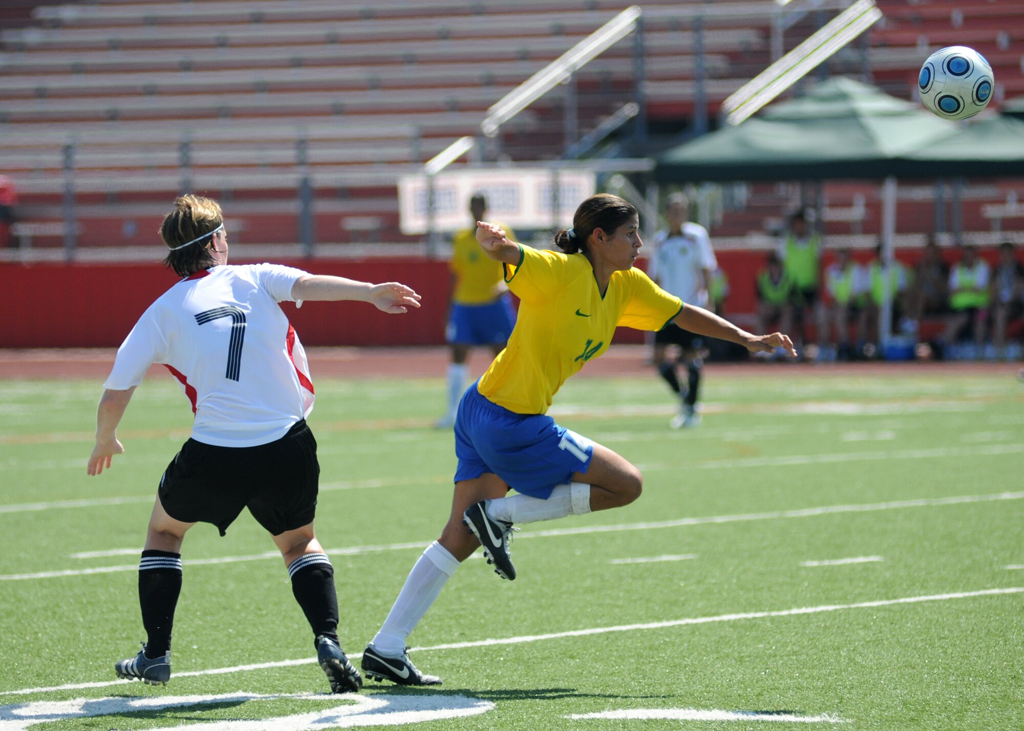 Germany and Brazil compete during the 5th CISM Women’s Soccer Championship at Biloxi High School Stadium 7 June.  The CISM tournament, hosted by Keesler Air Force Base, includes teams from Brazil, Canada, France, Germany, The Netherlands, The Republic of South Korea and the United States.  Matches are being held June 6 to 13, with the Gold match June 13 at 2 p.m.  Organizers say the tournament gives teams and people who attend a chance to develop bonds and life-long friendships between the countries and a chance to learn about one another’s cultural similarities and differences.  (U.S. Air Force photo by Kemberly Groue)