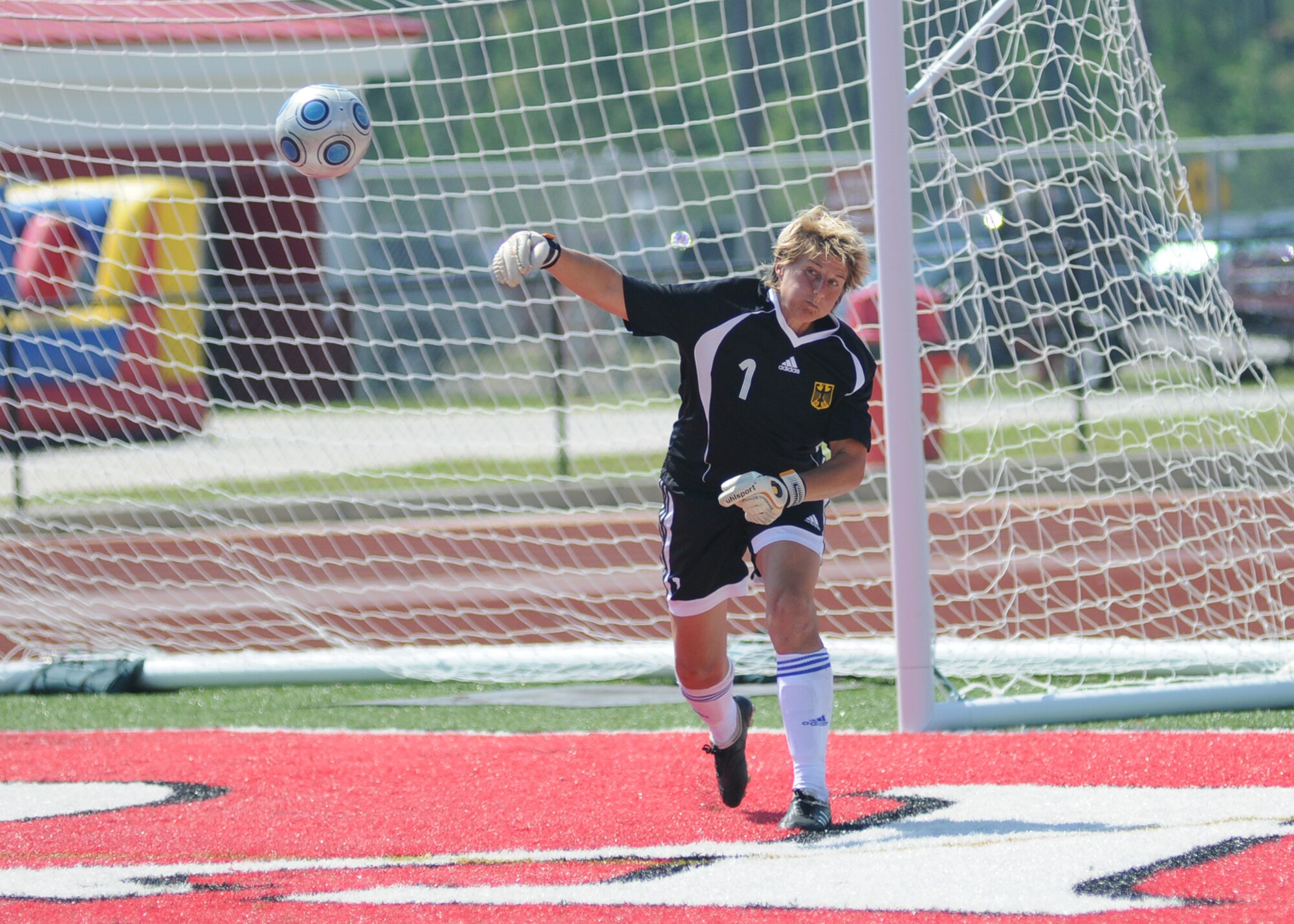 Germany and Brazil compete during the 5th CISM Women’s Soccer Championship at Biloxi High School Stadium 7 June.  The CISM tournament, hosted by Keesler Air Force Base, includes teams from Brazil, Canada, France, Germany, The Netherlands, The Republic of South Korea and the United States.  Matches are being held June 6 to 13, with the Gold match June 13 at 2 p.m.  Organizers say the tournament gives teams and people who attend a chance to develop bonds and life-long friendships between the countries and a chance to learn about one another’s cultural similarities and differences.  (U.S. Air Force photo by Kemberly Groue)