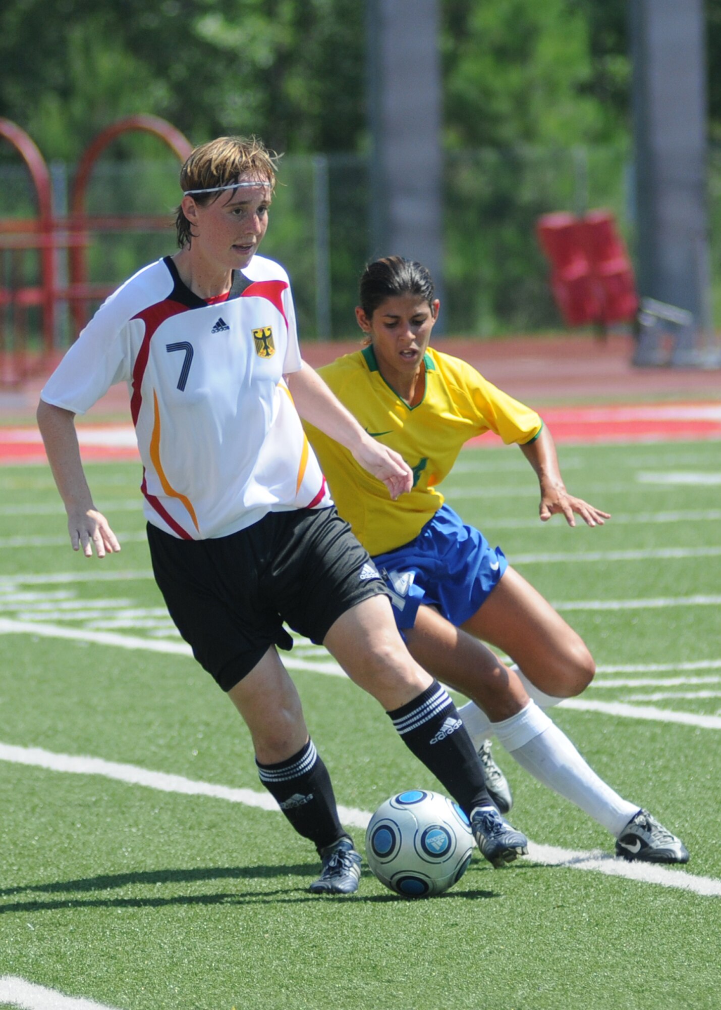 Germany and Brazil compete during the 5th CISM Women’s Soccer Championship at Biloxi High School Stadium 7 June.  The CISM tournament, hosted by Keesler Air Force Base, includes teams from Brazil, Canada, France, Germany, The Netherlands, The Republic of South Korea and the United States.  Matches are being held June 6 to 13, with the Gold match June 13 at 2 p.m.  Organizers say the tournament gives teams and people who attend a chance to develop bonds and life-long friendships between the countries and a chance to learn about one another’s cultural similarities and differences.  (U.S. Air Force photo by Kemberly Groue)