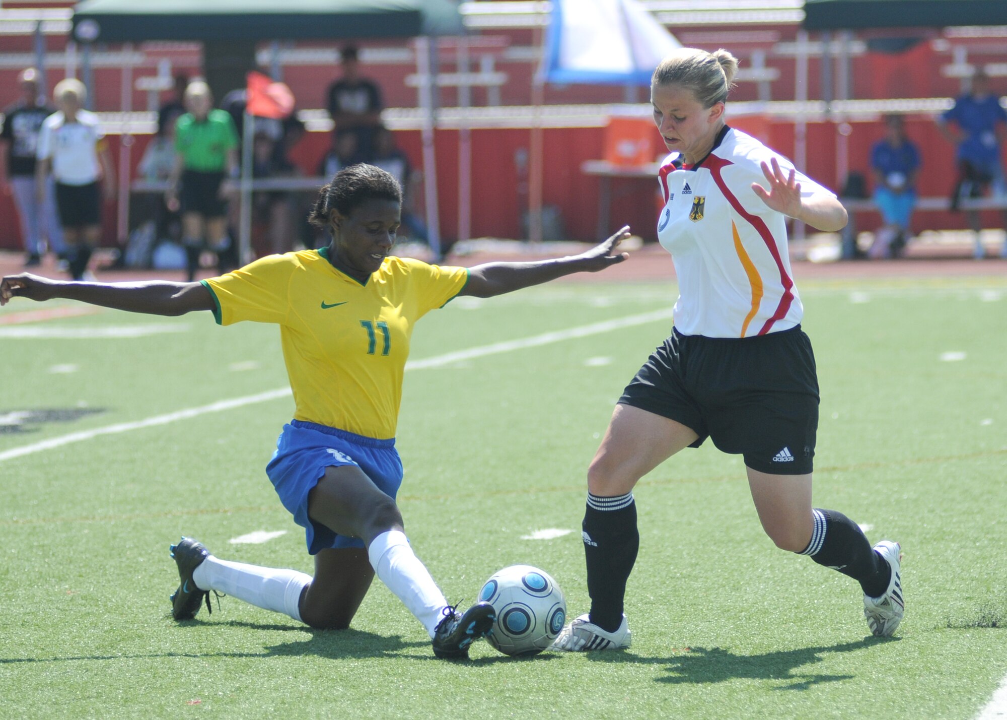 Germany and Brazil compete during the 5th CISM Women’s Soccer Championship at Biloxi High School Stadium 7 June.  The CISM tournament, hosted by Keesler Air Force Base, includes teams from Brazil, Canada, France, Germany, The Netherlands, The Republic of South Korea and the United States.  Matches are being held June 6 to 13, with the Gold match June 13 at 2 p.m.  Organizers say the tournament gives teams and people who attend a chance to develop bonds and life-long friendships between the countries and a chance to learn about one another’s cultural similarities and differences.  (U.S. Air Force photo by Kemberly Groue)