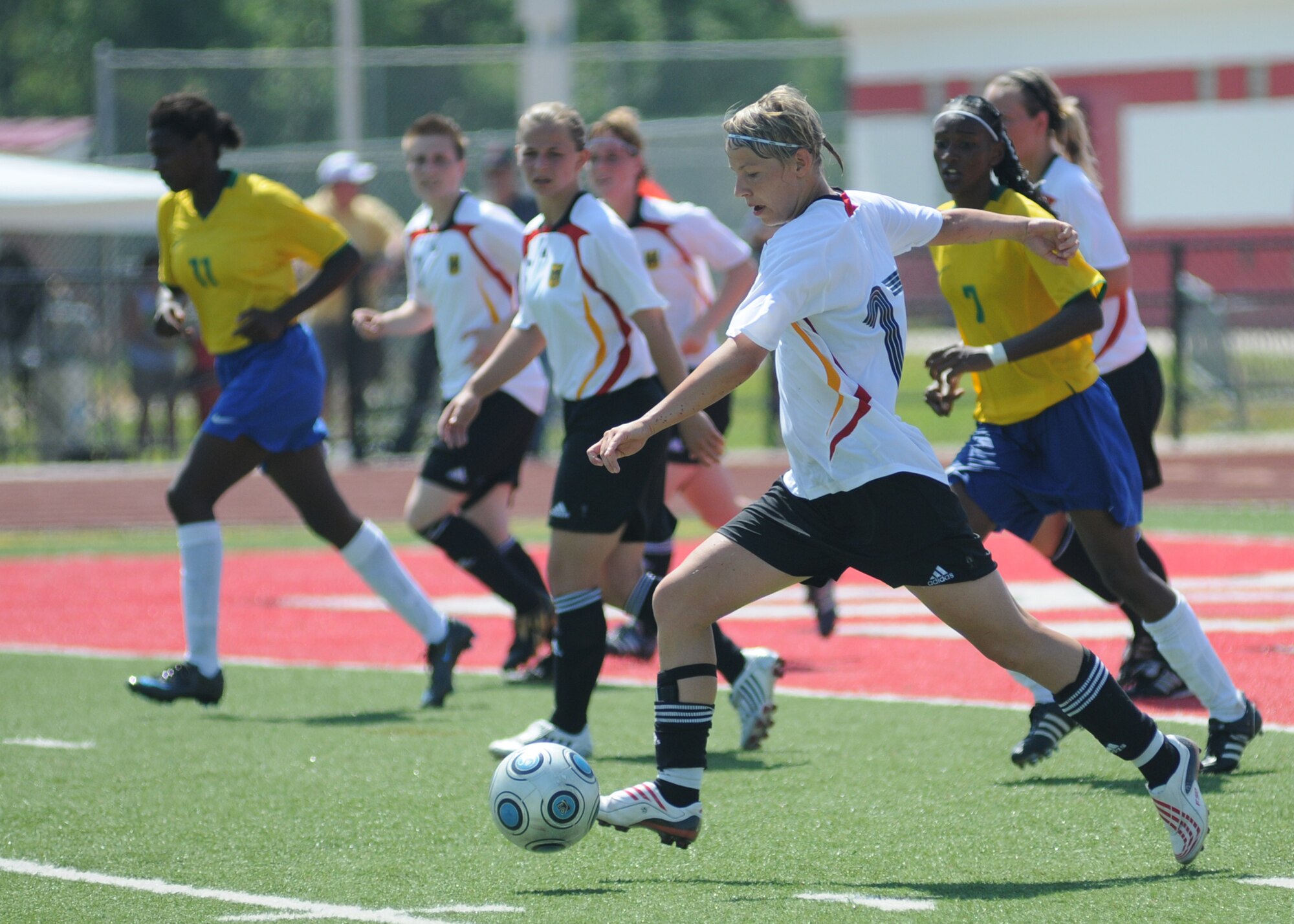Germany and Brazil compete during the 5th CISM Women’s Soccer Championship at Biloxi High School Stadium 7 June.  The CISM tournament, hosted by Keesler Air Force Base, includes teams from Brazil, Canada, France, Germany, The Netherlands, The Republic of South Korea and the United States.  Matches are being held June 6 to 13, with the Gold match June 13 at 2 p.m.  Organizers say the tournament gives teams and people who attend a chance to develop bonds and life-long friendships between the countries and a chance to learn about one another’s cultural similarities and differences.  (U.S. Air Force photo by Kemberly Groue)