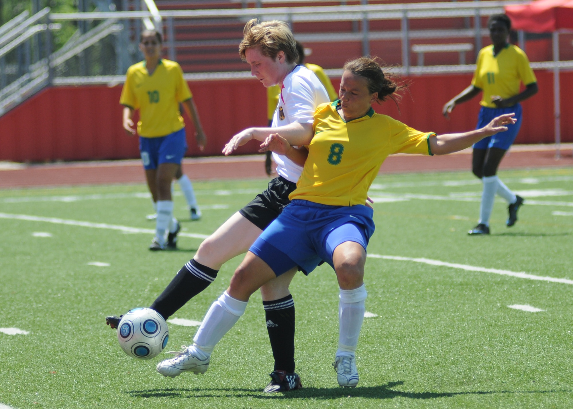 Germany and Brazil compete during the 5th CISM Women’s Soccer Championship at Biloxi High School Stadium 7 June.  The CISM tournament, hosted by Keesler Air Force Base, includes teams from Brazil, Canada, France, Germany, The Netherlands, The Republic of South Korea and the United States.  Matches are being held June 6 to 13, with the Gold match June 13 at 2 p.m.  Organizers say the tournament gives teams and people who attend a chance to develop bonds and life-long friendships between the countries and a chance to learn about one another’s cultural similarities and differences.  (U.S. Air Force photo by Kemberly Groue)