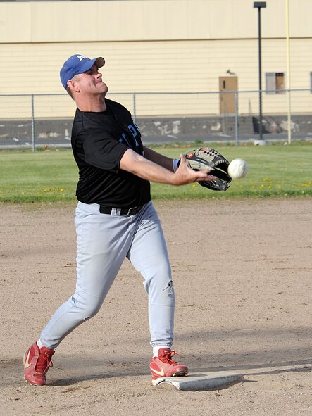 John Smokoska, 92nd Security Forces reports and analysis section, throws a pitch during the Battle of the Badges softball game here May 16. The 92nd Security Forces Squadron defeated the 92nd Civil Engineer Squadron fire department in the first ever Battle of the Badges softball game coinciding with National Police Week. (U.S. Air Force photo / Staff Sgt. JT May III)