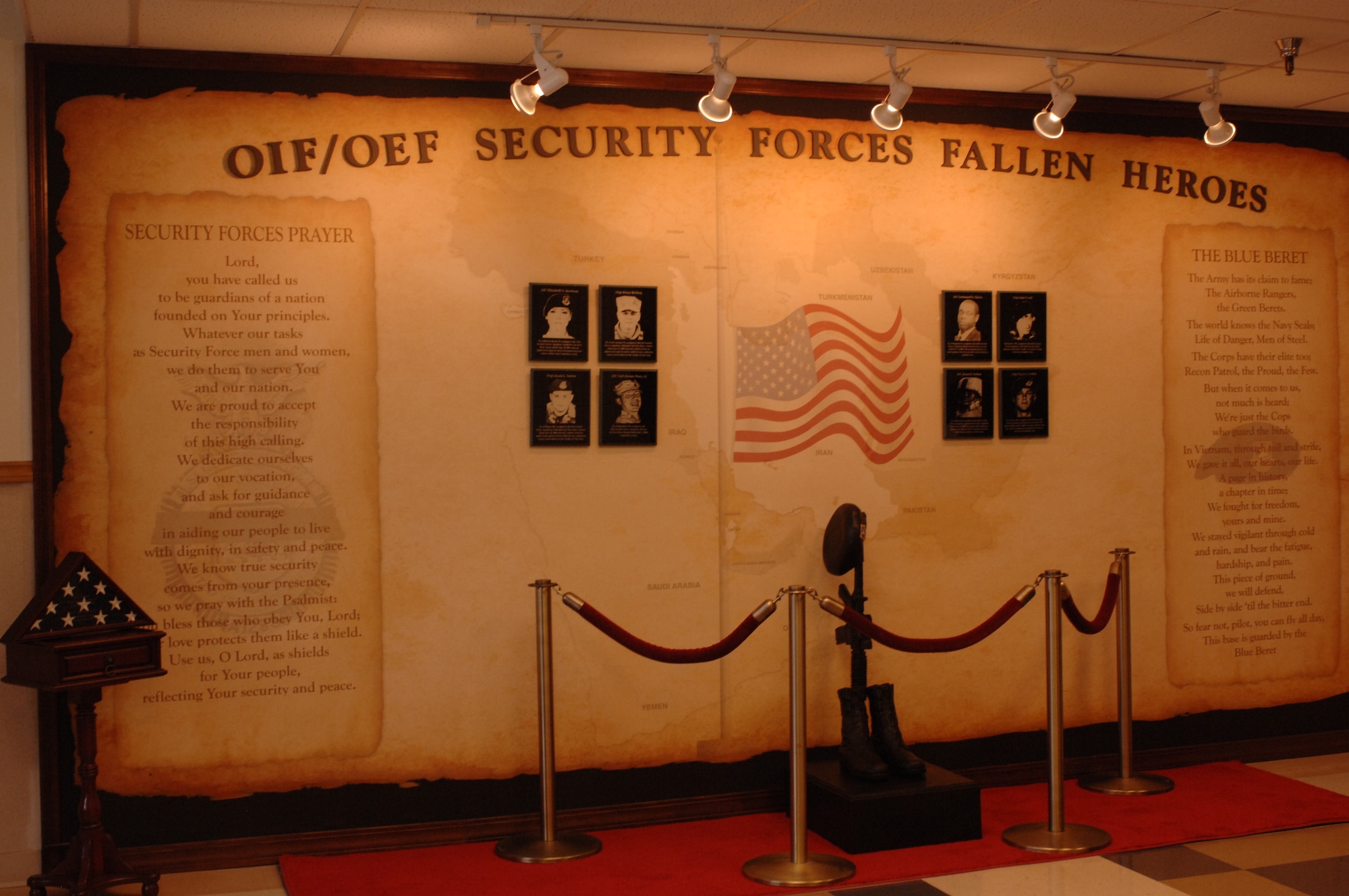 In conjunction with National Police Week, the 92nd Security Forces Squadron unveiled the Security Forces Fallen Heroes Wall here May 11. After a year’s work, security forces members can pay their respects to the eight security forces members that died in support of Operation Iraqi and Enduring Freedom.  (U.S. Air Force photo / Airman 1st Class Darlene West)