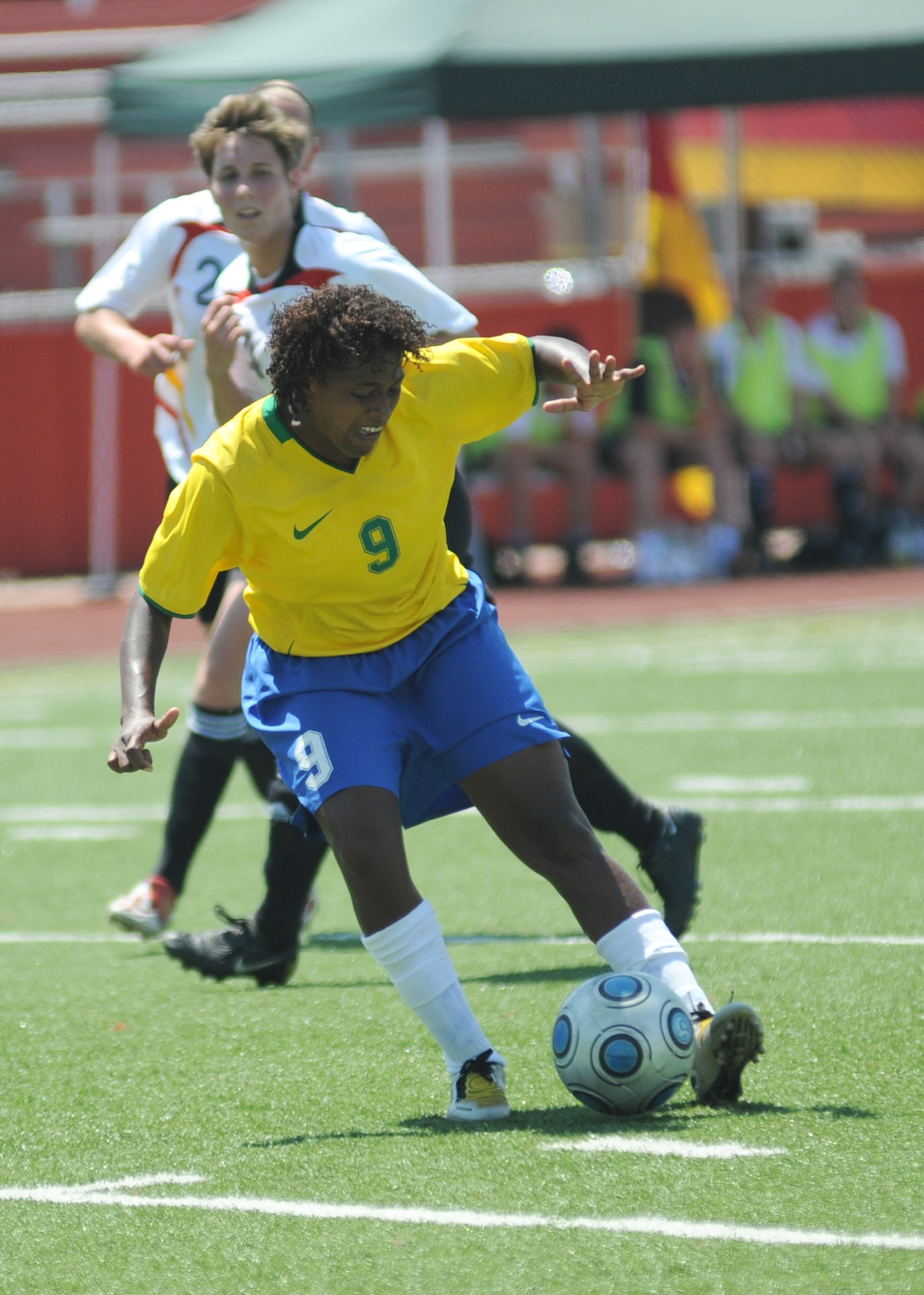 Germany and Brazil compete during the 5th CISM Women’s Soccer Championship at Biloxi High School Stadium 7 June.  The CISM tournament, hosted by Keesler Air Force Base, includes teams from Brazil, Canada, France, Germany, The Netherlands, The Republic of South Korea and the United States.  Matches are being held June 6 to 13, with the Gold match June 13 at 2 p.m.  Organizers say the tournament gives teams and people who attend a chance to develop bonds and life-long friendships between the countries and a chance to learn about one another’s cultural similarities and differences.  (U.S. Air Force photo by Kemberly Groue)