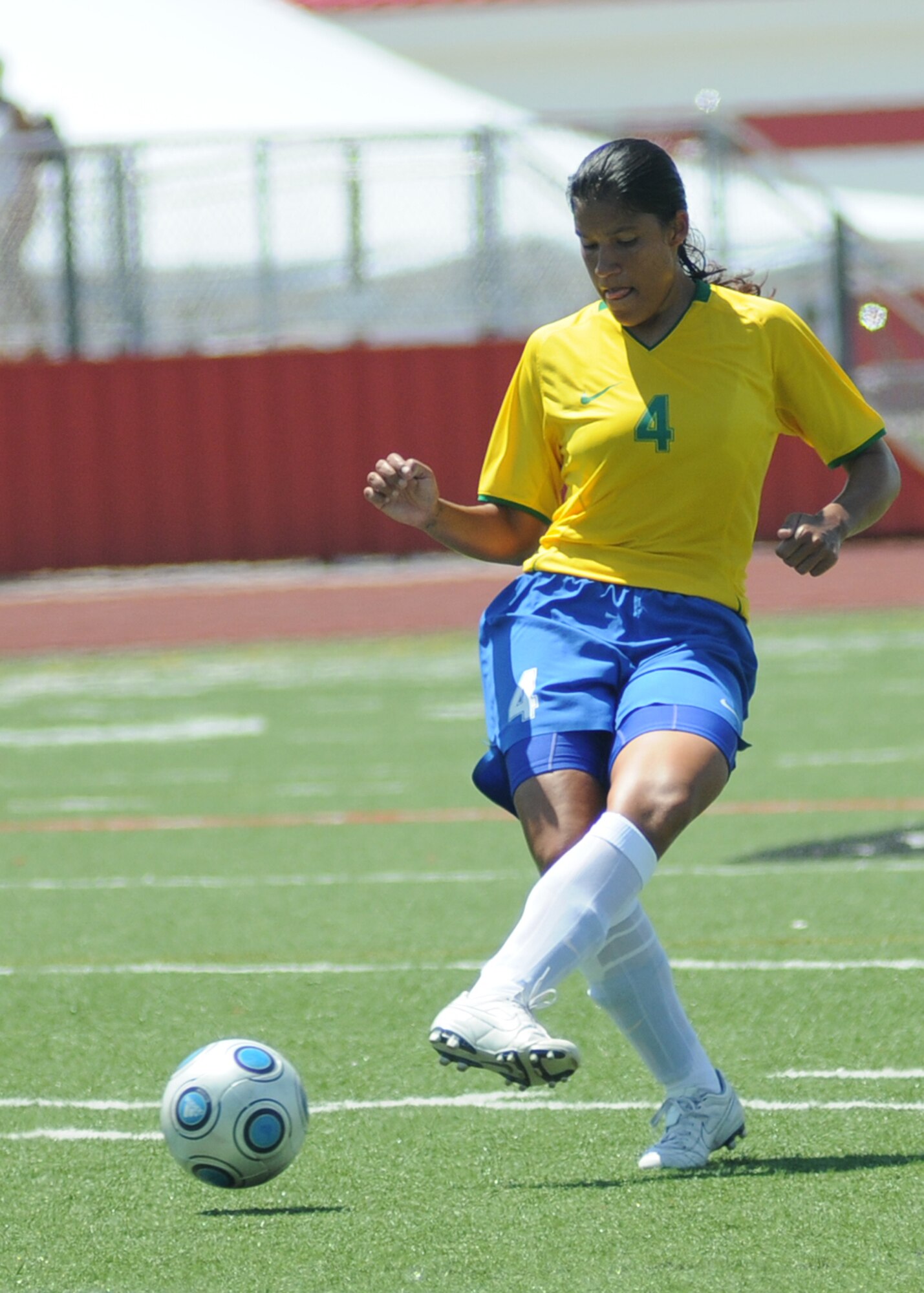 Germany and Brazil compete during the 5th CISM Women’s Soccer Championship at Biloxi High School Stadium 7 June.  The CISM tournament, hosted by Keesler Air Force Base, includes teams from Brazil, Canada, France, Germany, The Netherlands, The Republic of South Korea and the United States.  Matches are being held June 6 to 13, with the Gold match June 13 at 2 p.m.  Organizers say the tournament gives teams and people who attend a chance to develop bonds and life-long friendships between the countries and a chance to learn about one another’s cultural similarities and differences.  (U.S. Air Force photo by Kemberly Groue)