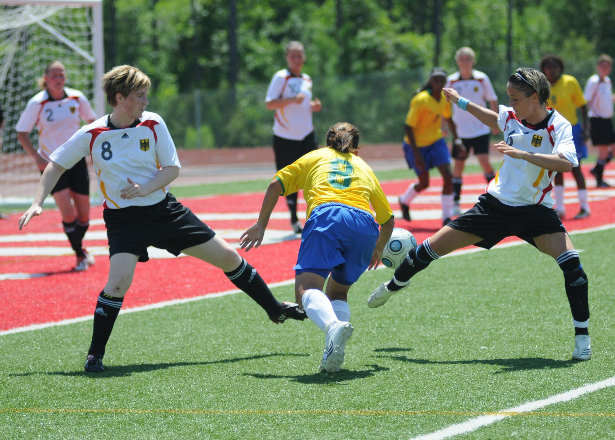 Germany and Brazil compete during the 5th CISM Women’s Soccer Championship at Biloxi High School Stadium 7 June.  The CISM tournament, hosted by Keesler Air Force Base, includes teams from Brazil, Canada, France, Germany, The Netherlands, The Republic of South Korea and the United States.  Matches are being held June 6 to 13, with the Gold match June 13 at 2 p.m.  Organizers say the tournament gives teams and people who attend a chance to develop bonds and life-long friendships between the countries and a chance to learn about one another’s cultural similarities and differences.  (U.S. Air Force photo by Kemberly Groue)