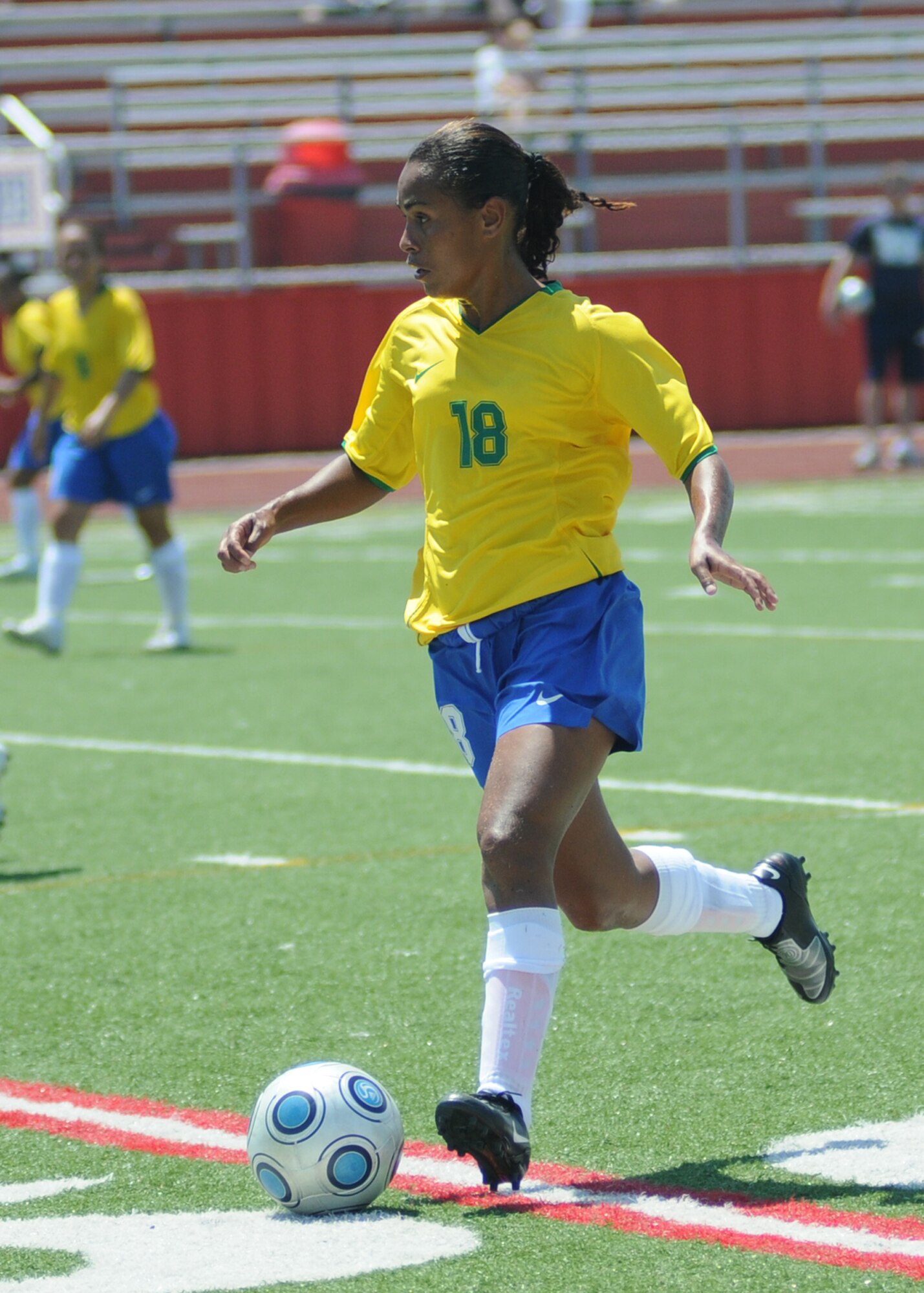 Germany and Brazil compete during the 5th CISM Women’s Soccer Championship at Biloxi High School Stadium 7 June.  The CISM tournament, hosted by Keesler Air Force Base, includes teams from Brazil, Canada, France, Germany, The Netherlands, The Republic of South Korea and the United States.  Matches are being held June 6 to 13, with the Gold match June 13 at 2 p.m.  Organizers say the tournament gives teams and people who attend a chance to develop bonds and life-long friendships between the countries and a chance to learn about one another’s cultural similarities and differences.  (U.S. Air Force photo by Kemberly Groue)