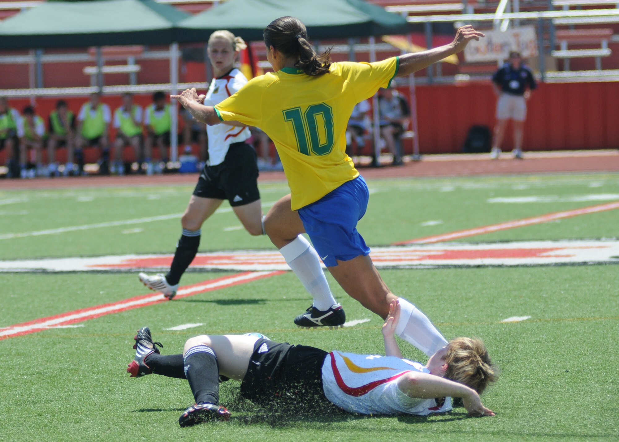 Germany and Brazil compete during the 5th CISM Women’s Soccer Championship at Biloxi High School Stadium 7 June.  The CISM tournament, hosted by Keesler Air Force Base, includes teams from Brazil, Canada, France, Germany, The Netherlands, The Republic of South Korea and the United States.  Matches are being held June 6 to 13, with the Gold match June 13 at 2 p.m.  Organizers say the tournament gives teams and people who attend a chance to develop bonds and life-long friendships between the countries and a chance to learn about one another’s cultural similarities and differences.  (U.S. Air Force photo by Kemberly Groue)