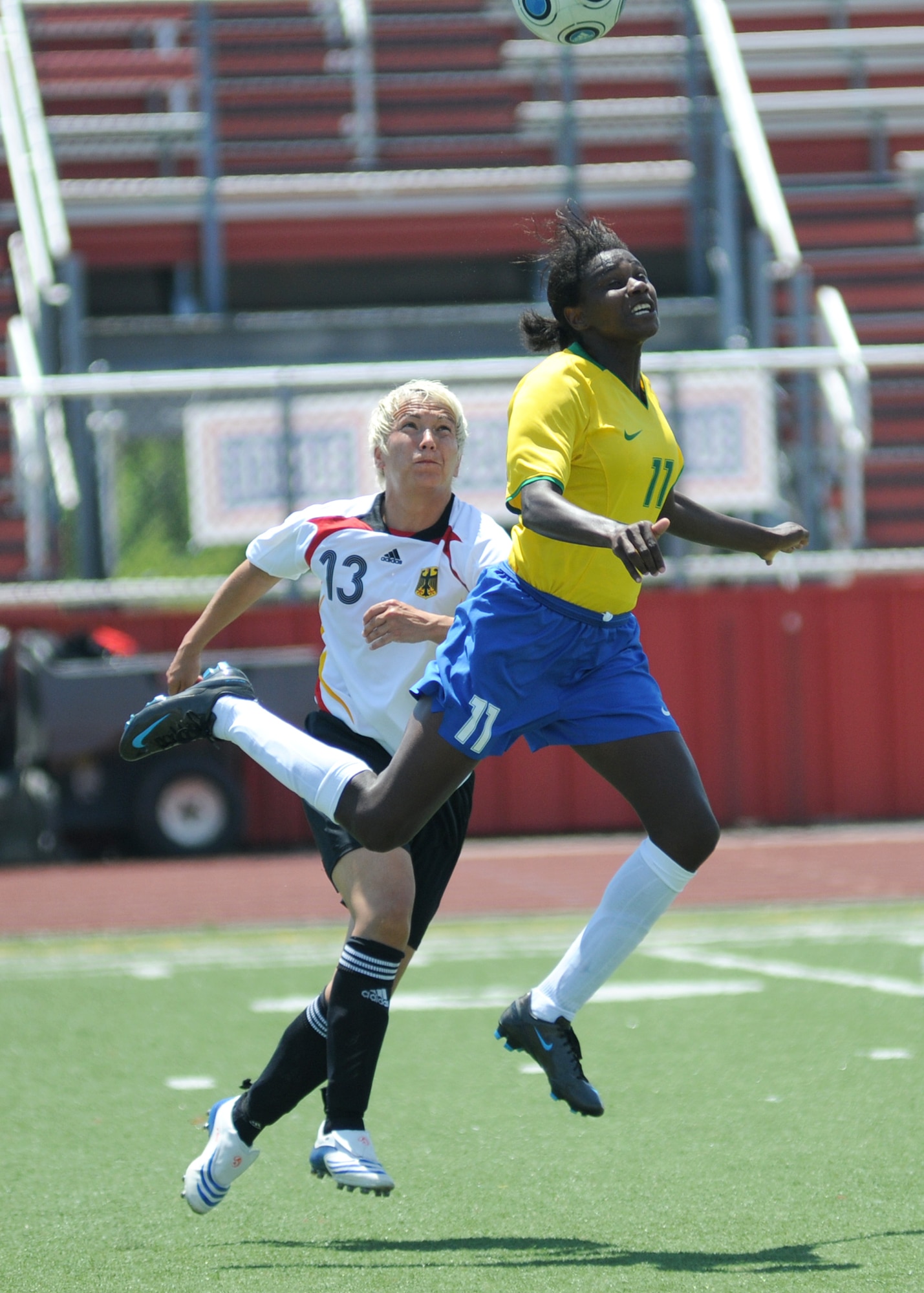 Germany and Brazil compete during the 5th CISM Women’s Soccer Championship at Biloxi High School Stadium 7 June.  The CISM tournament, hosted by Keesler Air Force Base, includes teams from Brazil, Canada, France, Germany, The Netherlands, The Republic of South Korea and the United States.  Matches are being held June 6 to 13, with the Gold match June 13 at 2 p.m.  Organizers say the tournament gives teams and people who attend a chance to develop bonds and life-long friendships between the countries and a chance to learn about one another’s cultural similarities and differences.  (U.S. Air Force photo by Kemberly Groue)