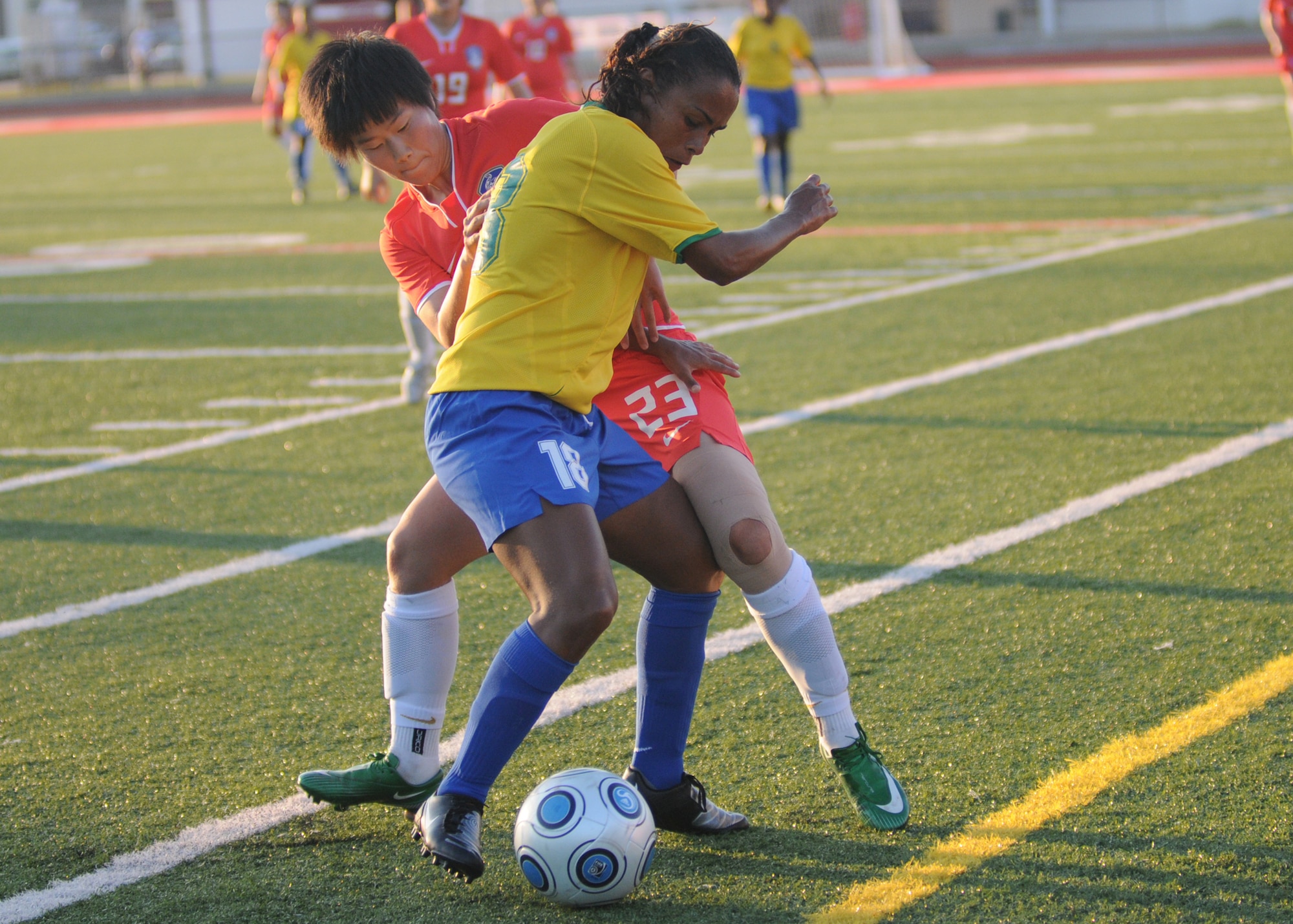 Brazil and The Republic of South Korea compete during the 5th CISM Women’s Soccer Championship at Biloxi High School Stadium 6 June.  The CISM tournament, hosted by Keesler Air Force Base, includes teams from Brazil, Canada, France, Germany, The Netherlands, The Republic of South Korea and the United States.  Matches are being held June 6 to 13, with the Gold match June 13 at 2 p.m.  Organizers say the tournament gives teams and people who attend a chance to develop bonds and life-long friendships between the countries and a chance to learn about one another’s cultural similarities and differences.  (U.S. Air Force photo by Kemberly Groue)
