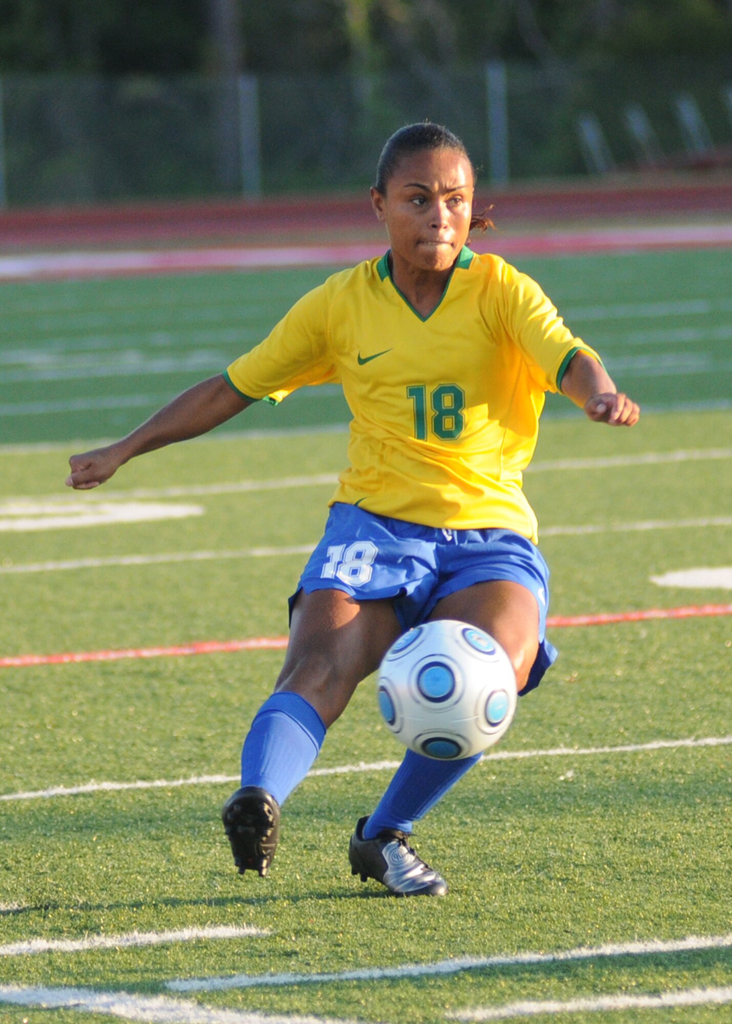 Brazil and The Republic of South Korea compete during the 5th CISM Women’s Soccer Championship at Biloxi High School Stadium 6 June.  The CISM tournament, hosted by Keesler Air Force Base, includes teams from Brazil, Canada, France, Germany, The Netherlands, The Republic of South Korea and the United States.  Matches are being held June 6 to 13, with the Gold match June 13 at 2 p.m.  Organizers say the tournament gives teams and people who attend a chance to develop bonds and life-long friendships between the countries and a chance to learn about one another’s cultural similarities and differences.  (U.S. Air Force photo by Kemberly Groue)