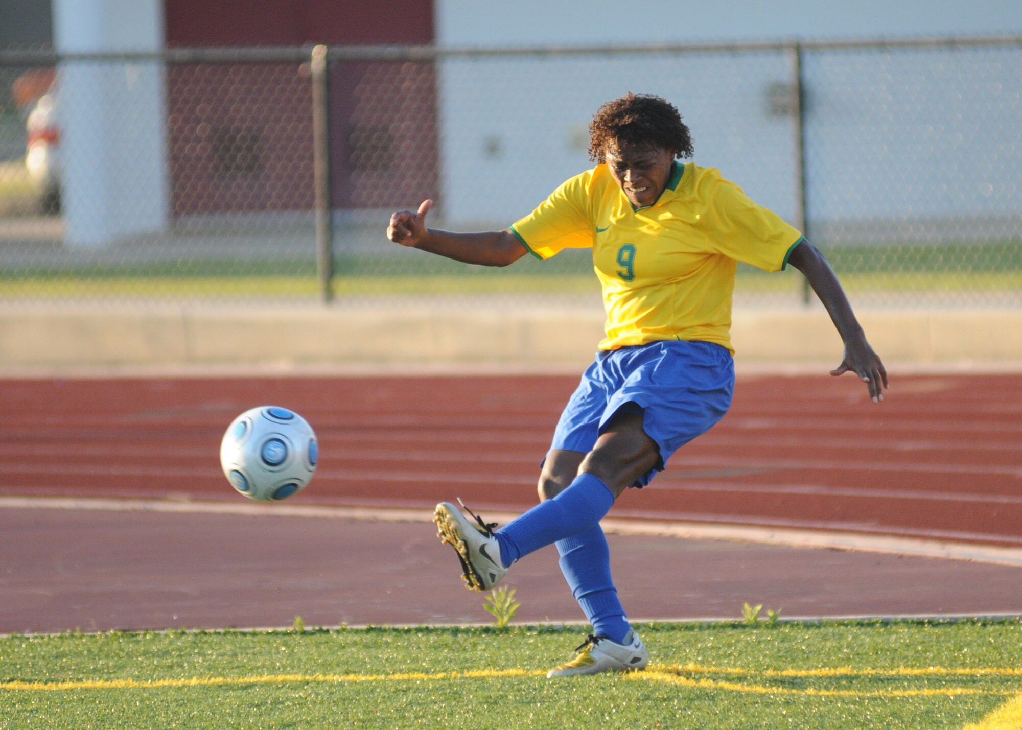 Brazil and The Republic of South Korea compete during the 5th CISM Women’s Soccer Championship at Biloxi High School Stadium 6 June.  The CISM tournament, hosted by Keesler Air Force Base, includes teams from Brazil, Canada, France, Germany, The Netherlands, The Republic of South Korea and the United States.  Matches are being held June 6 to 13, with the Gold match June 13 at 2 p.m.  Organizers say the tournament gives teams and people who attend a chance to develop bonds and life-long friendships between the countries and a chance to learn about one another’s cultural similarities and differences.  (U.S. Air Force photo by Kemberly Groue)
