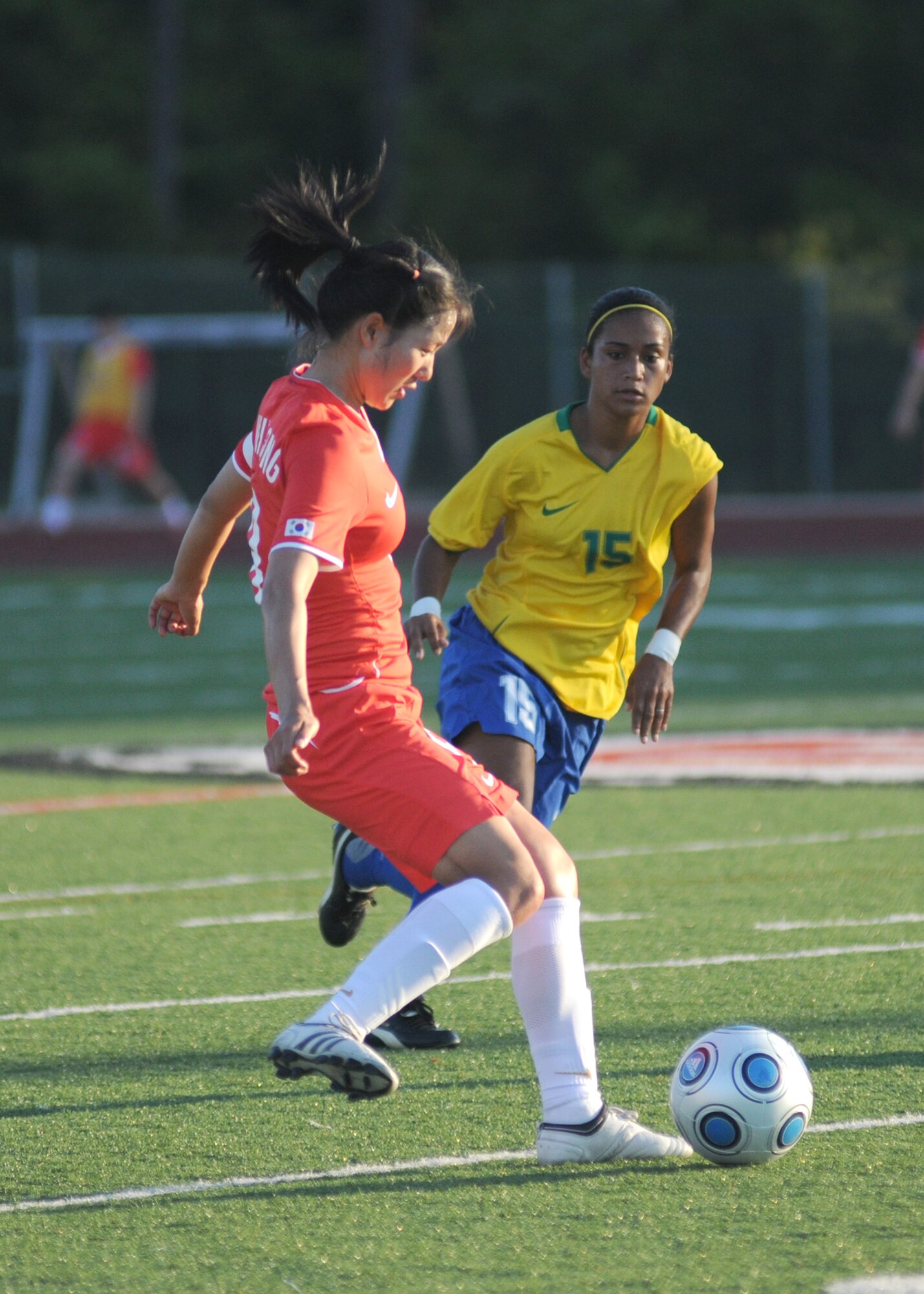 Brazil and The Republic of South Korea compete during the 5th CISM Women’s Soccer Championship at Biloxi High School Stadium 6 June.  The CISM tournament, hosted by Keesler Air Force Base, includes teams from Brazil, Canada, France, Germany, The Netherlands, The Republic of South Korea and the United States.  Matches are being held June 6 to 13, with the Gold match June 13 at 2 p.m.  Organizers say the tournament gives teams and people who attend a chance to develop bonds and life-long friendships between the countries and a chance to learn about one another’s cultural similarities and differences.  (U.S. Air Force photo by Kemberly Groue)
