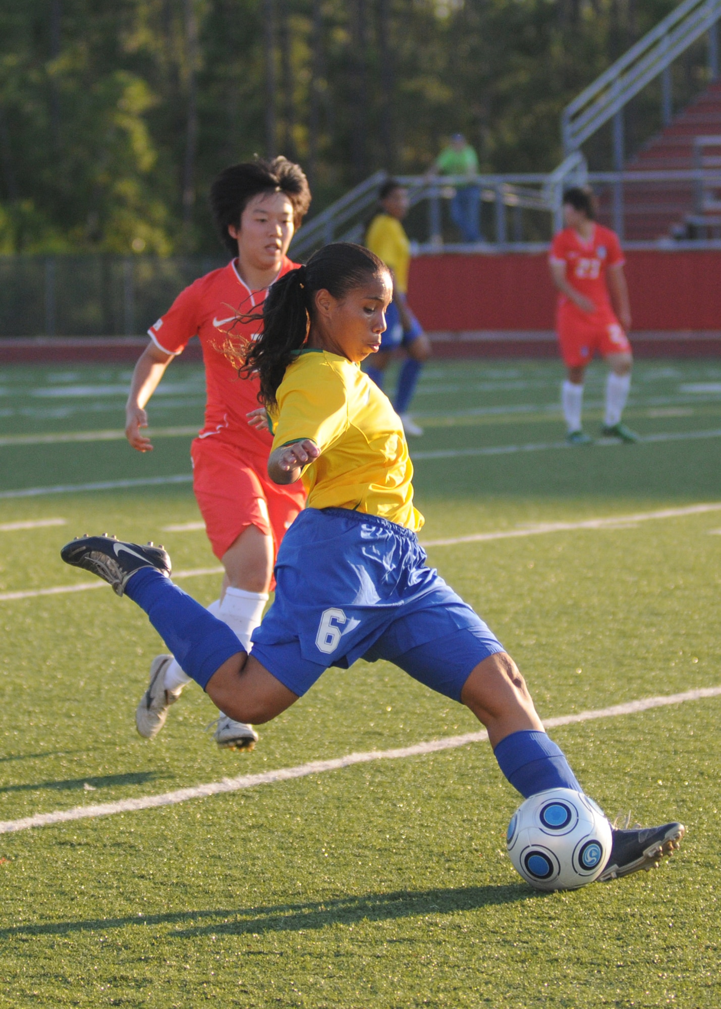 Brazil and The Republic of South Korea compete during the 5th CISM Women’s Soccer Championship at Biloxi High School Stadium 6 June.  The CISM tournament, hosted by Keesler Air Force Base, includes teams from Brazil, Canada, France, Germany, The Netherlands, The Republic of South Korea and the United States.  Matches are being held June 6 to 13, with the Gold match June 13 at 2 p.m.  Organizers say the tournament gives teams and people who attend a chance to develop bonds and life-long friendships between the countries and a chance to learn about one another’s cultural similarities and differences.  (U.S. Air Force photo by Kemberly Groue)