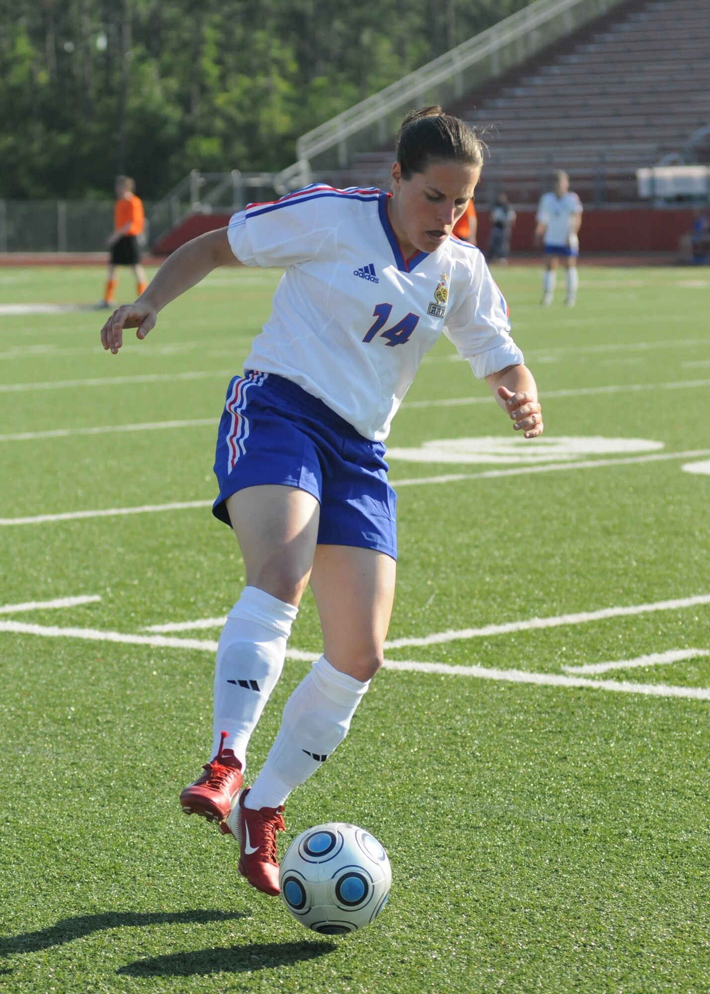 Brazil and The Republic of South Korea compete during the 5th CISM Women’s Soccer Championship at Biloxi High School Stadium 6 June.  The CISM tournament, hosted by Keesler Air Force Base, includes teams from Brazil, Canada, France, Germany, The Netherlands, The Republic of South Korea and the United States.  Matches are being held June 6 to 13, with the Gold match June 13 at 2 p.m.  Organizers say the tournament gives teams and people who attend a chance to develop bonds and life-long friendships between the countries and a chance to learn about one another’s cultural similarities and differences.  (U.S. Air Force photo by Kemberly Groue)