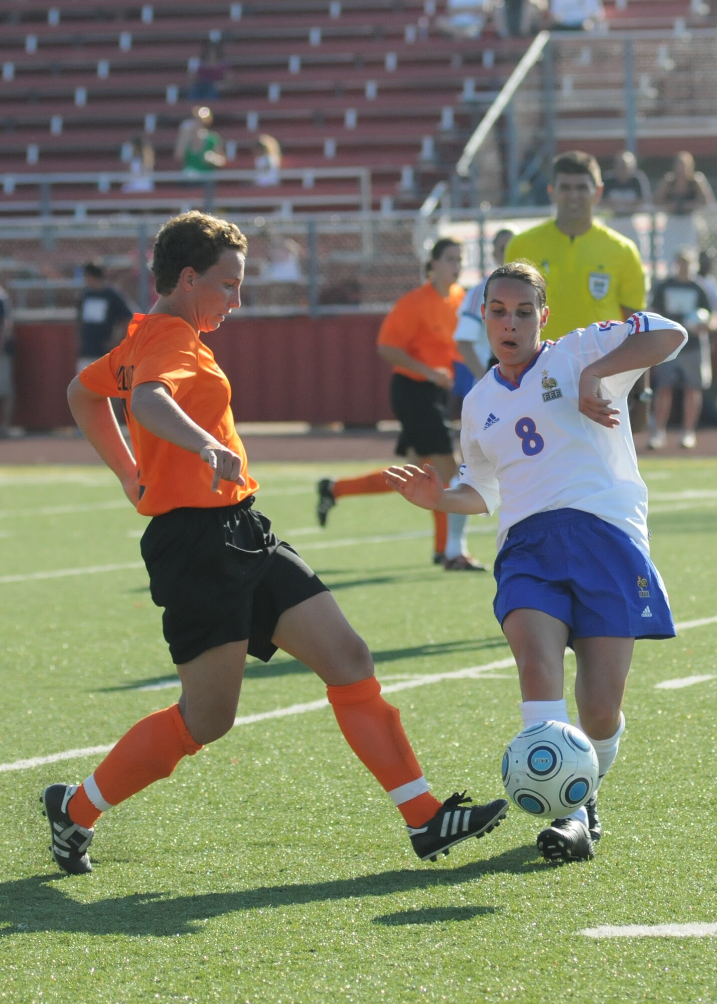 Brazil and The Republic of South Korea compete during the 5th CISM Women’s Soccer Championship at Biloxi High School Stadium 6 June.  The CISM tournament, hosted by Keesler Air Force Base, includes teams from Brazil, Canada, France, Germany, The Netherlands, The Republic of South Korea and the United States.  Matches are being held June 6 to 13, with the Gold match June 13 at 2 p.m.  Organizers say the tournament gives teams and people who attend a chance to develop bonds and life-long friendships between the countries and a chance to learn about one another’s cultural similarities and differences.  (U.S. Air Force photo by Kemberly Groue)