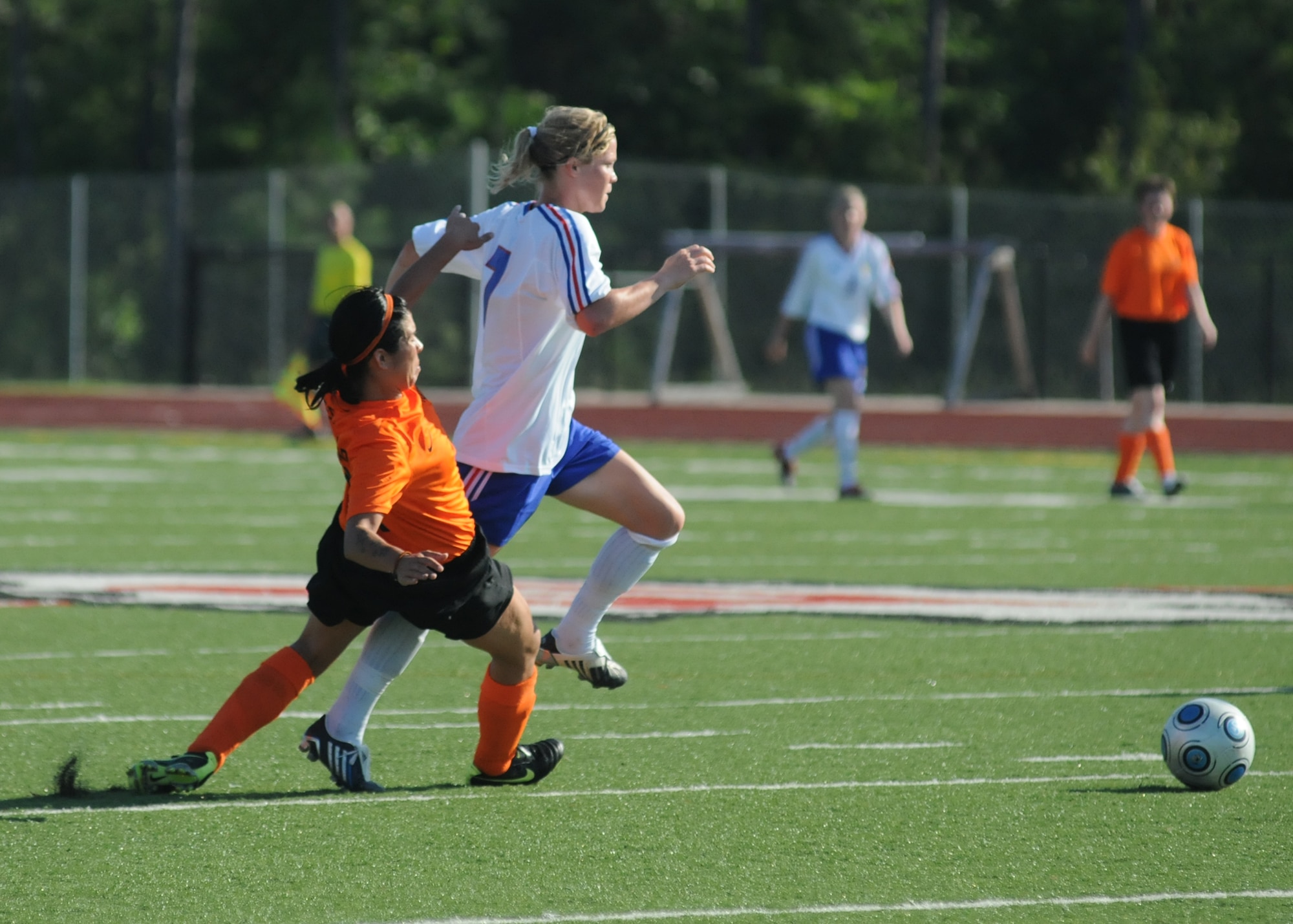 Brazil and The Republic of South Korea compete during the 5th CISM Women’s Soccer Championship at Biloxi High School Stadium 6 June.  The CISM tournament, hosted by Keesler Air Force Base, includes teams from Brazil, Canada, France, Germany, The Netherlands, The Republic of South Korea and the United States.  Matches are being held June 6 to 13, with the Gold match June 13 at 2 p.m.  Organizers say the tournament gives teams and people who attend a chance to develop bonds and life-long friendships between the countries and a chance to learn about one another’s cultural similarities and differences.  (U.S. Air Force photo by Kemberly Groue)