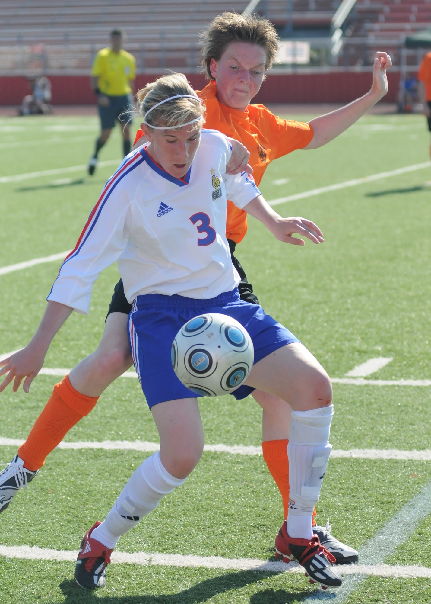 Brazil and The Republic of South Korea compete during the 5th CISM Women’s Soccer Championship at Biloxi High School Stadium 6 June.  The CISM tournament, hosted by Keesler Air Force Base, includes teams from Brazil, Canada, France, Germany, The Netherlands, The Republic of South Korea and the United States.  Matches are being held June 6 to 13, with the Gold match June 13 at 2 p.m.  Organizers say the tournament gives teams and people who attend a chance to develop bonds and life-long friendships between the countries and a chance to learn about one another’s cultural similarities and differences.  (U.S. Air Force photo by Kemberly Groue)