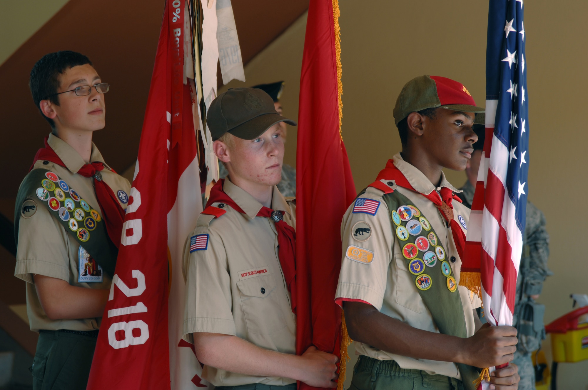 Joshua Molnar, Nicholas Pelkey and Mitchell Sims, members of Boy Scout Troop 218 color guard prepare to post the colors Wednesday, June 3, 2009 at the Ira Eldridge Memorial Re-dedication Ceremony at Incirlik Unit School, Incirlik Air Base, Turkey. The troop honored the memory of Eagle Scout Eldridge who died in 2001 of leukemia. Ira Eldridge was also the class of 1999 valedictorian at Incirlik Unit School, vice president of the Incirlik Unit School National Honor Society and a member of the varsity soccer team. A memorial plaque was placed on school grounds, but fell into disrepair over the years.  The scouts decided it needed to be resurrected and placed in a more prominent location so current and future generations would not forget him. (U.S. Air Force photo/ Staff Sgt. Lauren Padden)
