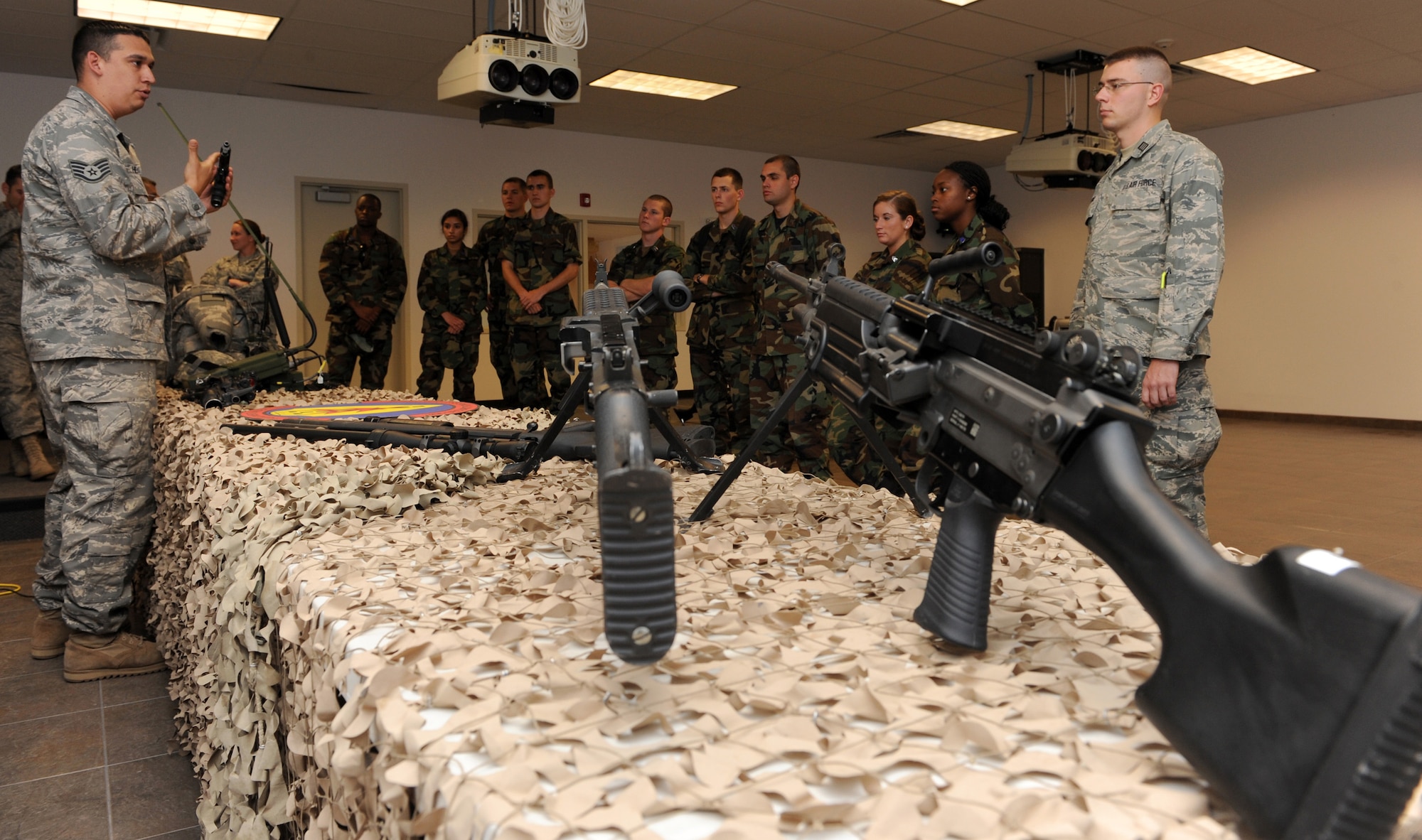 MOUNTAIN HOME AIR FORCE BASE, Idaho - Cadets from ROTC programs across the country listen to a presentation given at the 366th Security Forces Squadron June 5. Twenty-six ROTC cadets are at Mountain Home Air Force Base working side-by-side with active-duty Airmen from around the base to gain first-hand knowledge of the Air Force through July 31. (U.S Air Force photo/Airman 1st Class Debbie Lockhart)