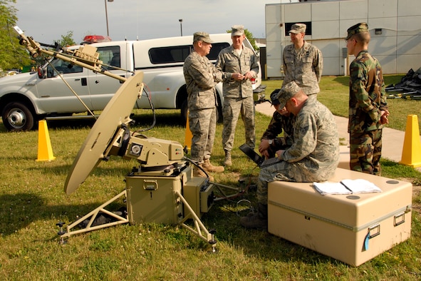 174th Fighter Wing, New York Air National Guard, Commander Col. Kevin W. Bradley meets with members of the 174th Fighter Wing's Communications Flight at Hancock Field in Syracuse, NY, on June 7, 2009. Bradley was being updated on the abilities of the Joint Incident Site Communications Capability system (JISCC). (US Air Force photo courtesy of the 174th Fighter Wing Public Affairs Office/Released)