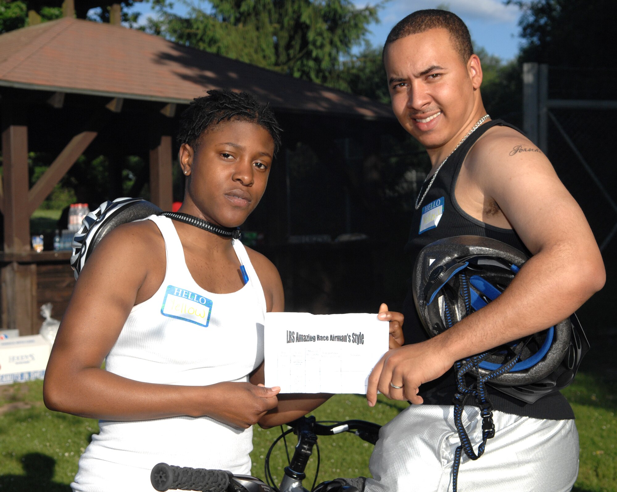 SPANGDAHLEM AIR BASE, GERMANY – Airman 1st Class Eric Jackson and Airman 1st Class Jillian Jakes, both assigned to the 52nd Logistics Readiness Squadron, proudly pose as the winners of the 52nd LRS Amazing Race May 29, 2009. Both Airmen received a $50 Army and Air Force Exchange Service gift certificate for their first-place finish. The spouses group organized the Amazing Race event, modeled after the popular TV show, to give the Airmen of the 52nd LRS a challenging, non-alcoholic activity to enjoy.  (U.S. Air Force photo by Master Sgt. Bill Gomez) 