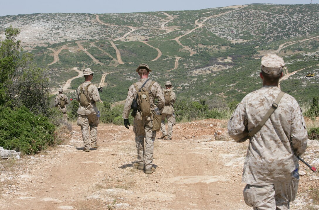 Marines and sailors with India Company, Battalion Landing Team, 3rd Battalion, 2nd Marine Regiment, 22nd Marine Expeditionary Unit, follow a mountain ridge to the next training evolution after completing land navigation training at the Melissatika training area near Volos, Greece June 9, 2009. The Marines and sailors used the unfamiliar terrain of the Greek mountains to sharpen their land navigation skills. Elements of the MEU went ashore in Greece for a 12-day training evolution. The 22nd MEU is embarked aboard the ships of the Bataan Amphibious Ready Group and is currently serving as the theater reserve force for U.S. European Command.