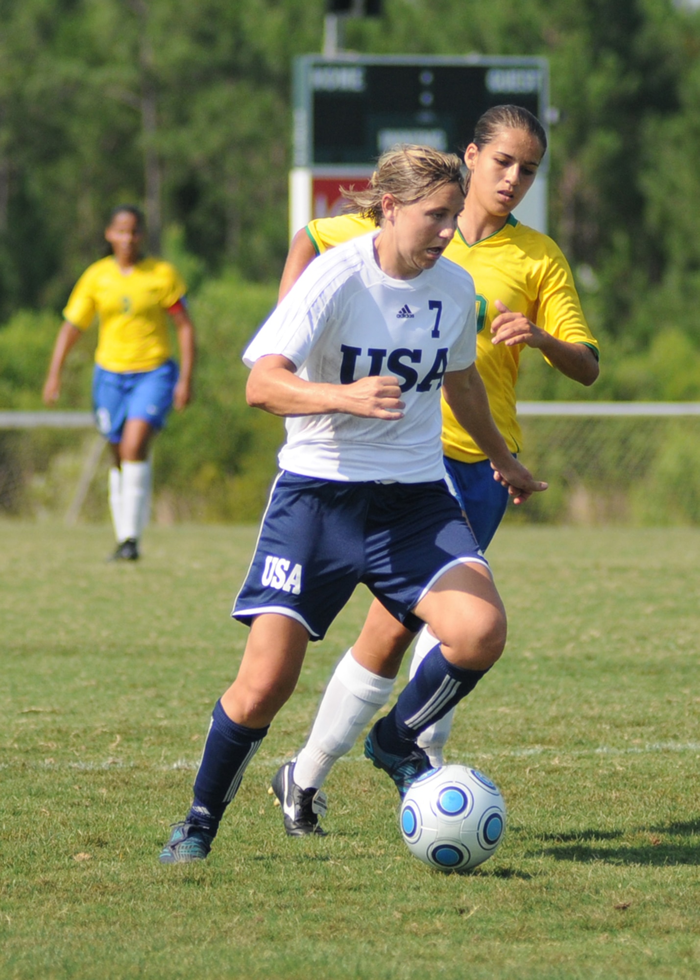 The United States and Brazil compete during the 5th CISM Women’s Soccer Championship at the Gulfport Sports Complex 9 June.  The CISM tournament, hosted by Keesler Air Force Base, includes teams from Brazil, Canada, France, Germany, The Netherlands, The Republic of South Korea and the United States.  Matches are being held June 6 to 13, with the Gold match June 13 at 2 p.m.  Organizers say the tournament gives teams and people who attend a chance to develop bonds and life-long friendships between the countries and a chance to learn about one another’s cultural similarities and differences.  (U.S. Air Force photo by Kemberly Groue)