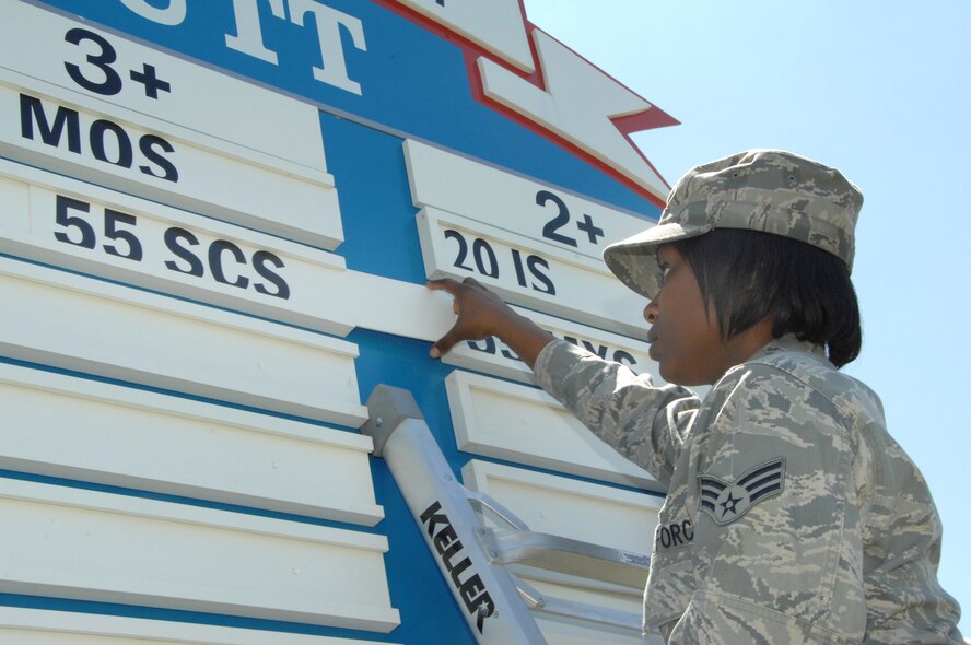OFFUTT AIR FORCE BASE, Neb. -- Senior Airman Ashley R. Gibson, a Milstar maintenance technician with the 55th Strategic Communications Squadron, places the 55th SCS placard under the three-year mark on the DUI awareness board inside the Kenney Gate June 4. The 55th SCS is one of seven units who've been DUI-free for three-years or more. U.S. Air Force Photo by Mr. D.P. Heard