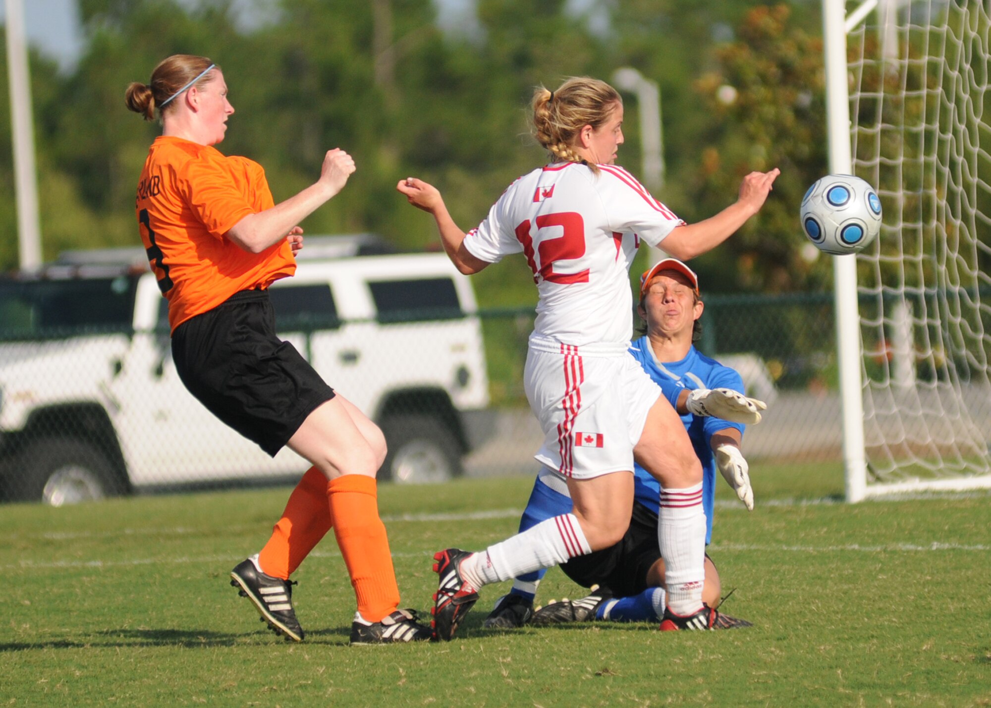 The Netherlands  and Canada compete during the 5th CISM Women’s Soccer Championship at the Gulfport Sports Complex 9 June.  The CISM tournament, hosted by Keesler Air Force Base, includes teams from Brazil, Canada, France, Germany, The Netherlands, The Republic of South Korea and the United States.  Matches are being held June 6 to 13, with the Gold match June 13 at 2 p.m.  Organizers say the tournament gives teams and people who attend a chance to develop bonds and life-long friendships between the countries and a chance to learn about one another’s cultural similarities and differences.  (U.S. Air Force photo by Kemberly Groue)