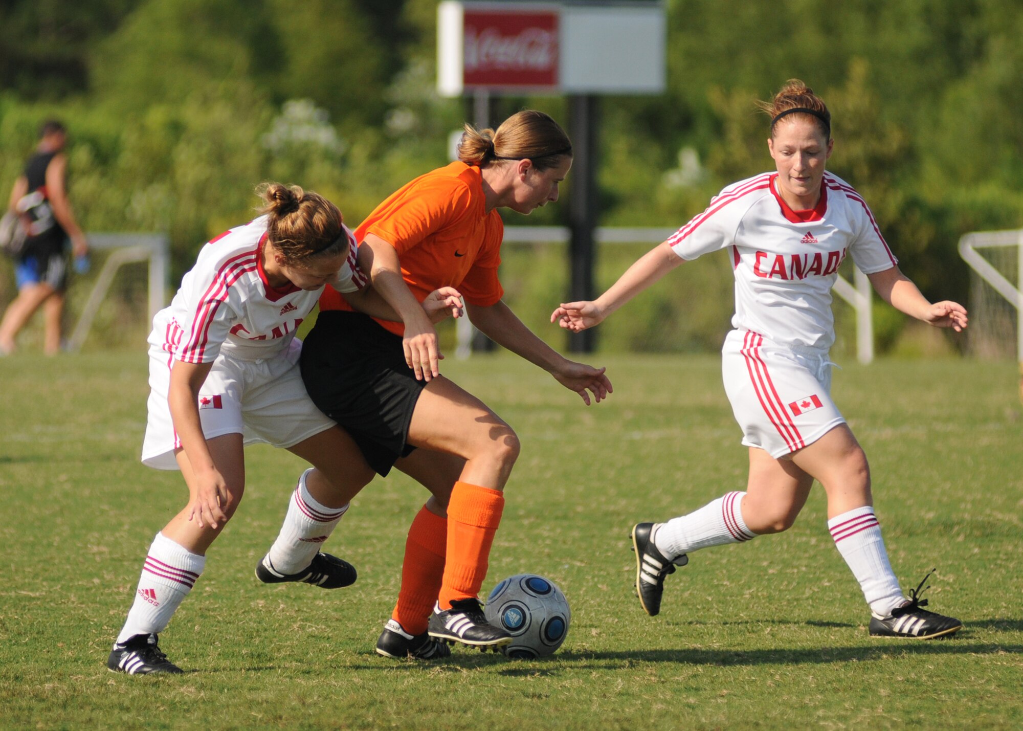 The Netherlands  and Canada compete during the 5th CISM Women’s Soccer Championship at the Gulfport Sports Complex 9 June.  The CISM tournament, hosted by Keesler Air Force Base, includes teams from Brazil, Canada, France, Germany, The Netherlands, The Republic of South Korea and the United States.  Matches are being held June 6 to 13, with the Gold match June 13 at 2 p.m.  Organizers say the tournament gives teams and people who attend a chance to develop bonds and life-long friendships between the countries and a chance to learn about one another’s cultural similarities and differences.  (U.S. Air Force photo by Kemberly Groue)
