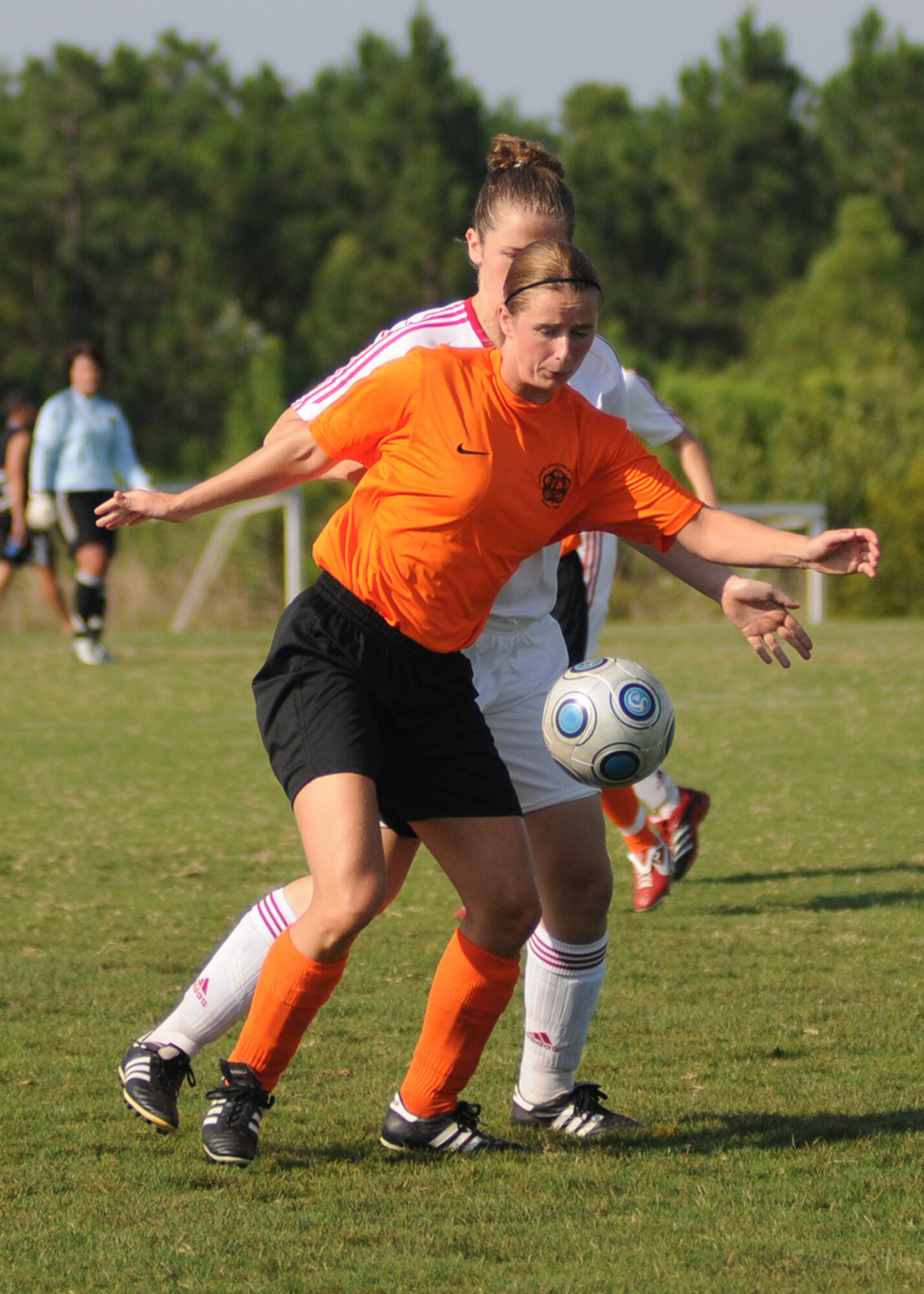 The Netherlands  and Canada compete during the 5th CISM Women’s Soccer Championship at the Gulfport Sports Complex 9 June.  The CISM tournament, hosted by Keesler Air Force Base, includes teams from Brazil, Canada, France, Germany, The Netherlands, The Republic of South Korea and the United States.  Matches are being held June 6 to 13, with the Gold match June 13 at 2 p.m.  Organizers say the tournament gives teams and people who attend a chance to develop bonds and life-long friendships between the countries and a chance to learn about one another’s cultural similarities and differences.  (U.S. Air Force photo by Kemberly Groue)