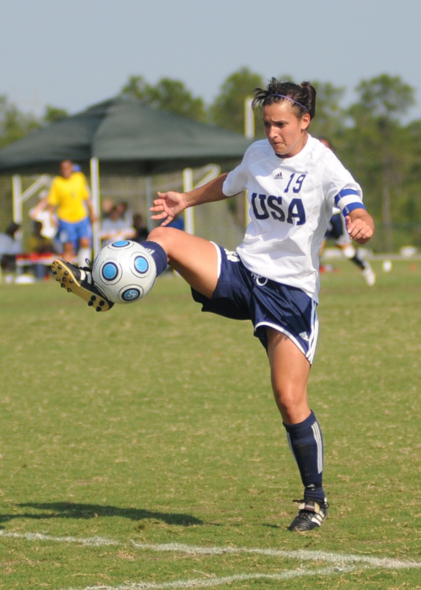 Brazil and the United States compete during the 5th CISM Women’s Soccer Championship at the Gulfport Sports Complex 9 June.  The CISM tournament, hosted by Keesler Air Force Base, includes teams from Brazil, Canada, France, Germany, The Netherlands, The Republic of South Korea and the United States.  Matches are being held June 6 to 13, with the Gold match June 13 at 2 p.m.  Organizers say the tournament gives teams and people who attend a chance to develop bonds and life-long friendships between the countries and a chance to learn about one another’s cultural similarities and differences.  (U.S. Air Force photo by Kemberly Groue)