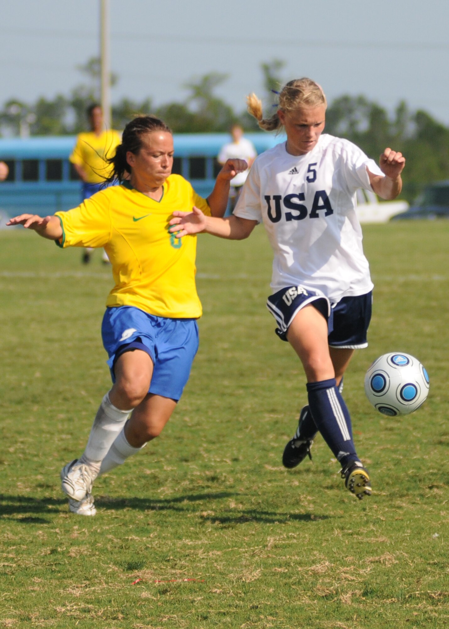 Brazil and the United States compete during the 5th CISM Women’s Soccer Championship at the Gulfport Sports Complex 9 June.  The CISM tournament, hosted by Keesler Air Force Base, includes teams from Brazil, Canada, France, Germany, The Netherlands, The Republic of South Korea and the United States.  Matches are being held June 6 to 13, with the Gold match June 13 at 2 p.m.  Organizers say the tournament gives teams and people who attend a chance to develop bonds and life-long friendships between the countries and a chance to learn about one another’s cultural similarities and differences.  (U.S. Air Force photo by Kemberly Groue)