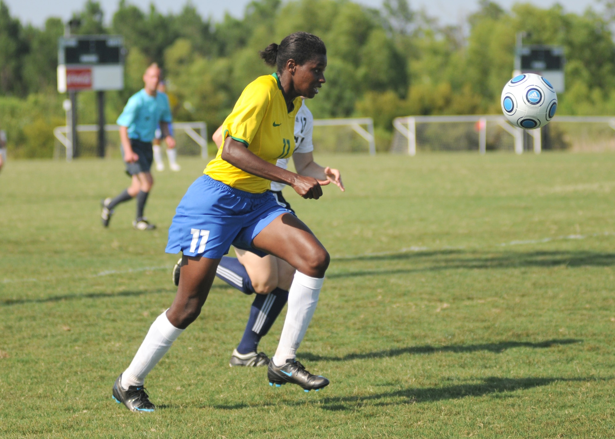 Brazil and the United States compete during the 5th CISM Women’s Soccer Championship at the Gulfport Sports Complex 9 June.  The CISM tournament, hosted by Keesler Air Force Base, includes teams from Brazil, Canada, France, Germany, The Netherlands, The Republic of South Korea and the United States.  Matches are being held June 6 to 13, with the Gold match June 13 at 2 p.m.  Organizers say the tournament gives teams and people who attend a chance to develop bonds and life-long friendships between the countries and a chance to learn about one another’s cultural similarities and differences.  (U.S. Air Force photo by Kemberly Groue)