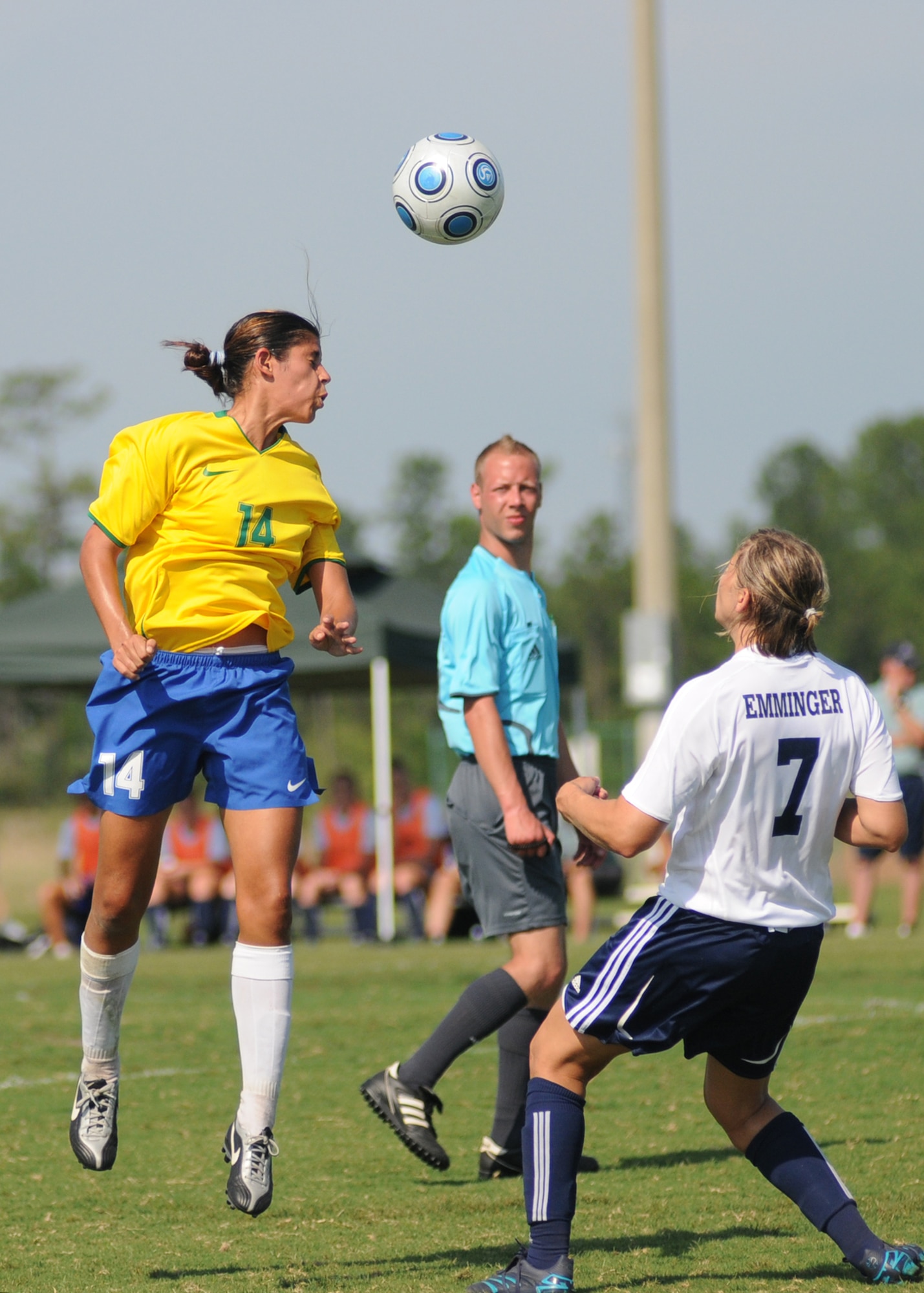 Brazil and the United States compete during the 5th CISM Women’s Soccer Championship at the Gulfport Sports Complex 9 June.  The CISM tournament, hosted by Keesler Air Force Base, includes teams from Brazil, Canada, France, Germany, The Netherlands, The Republic of South Korea and the United States.  Matches are being held June 6 to 13, with the Gold match June 13 at 2 p.m.  Organizers say the tournament gives teams and people who attend a chance to develop bonds and life-long friendships between the countries and a chance to learn about one another’s cultural similarities and differences.  (U.S. Air Force photo by Kemberly Groue)