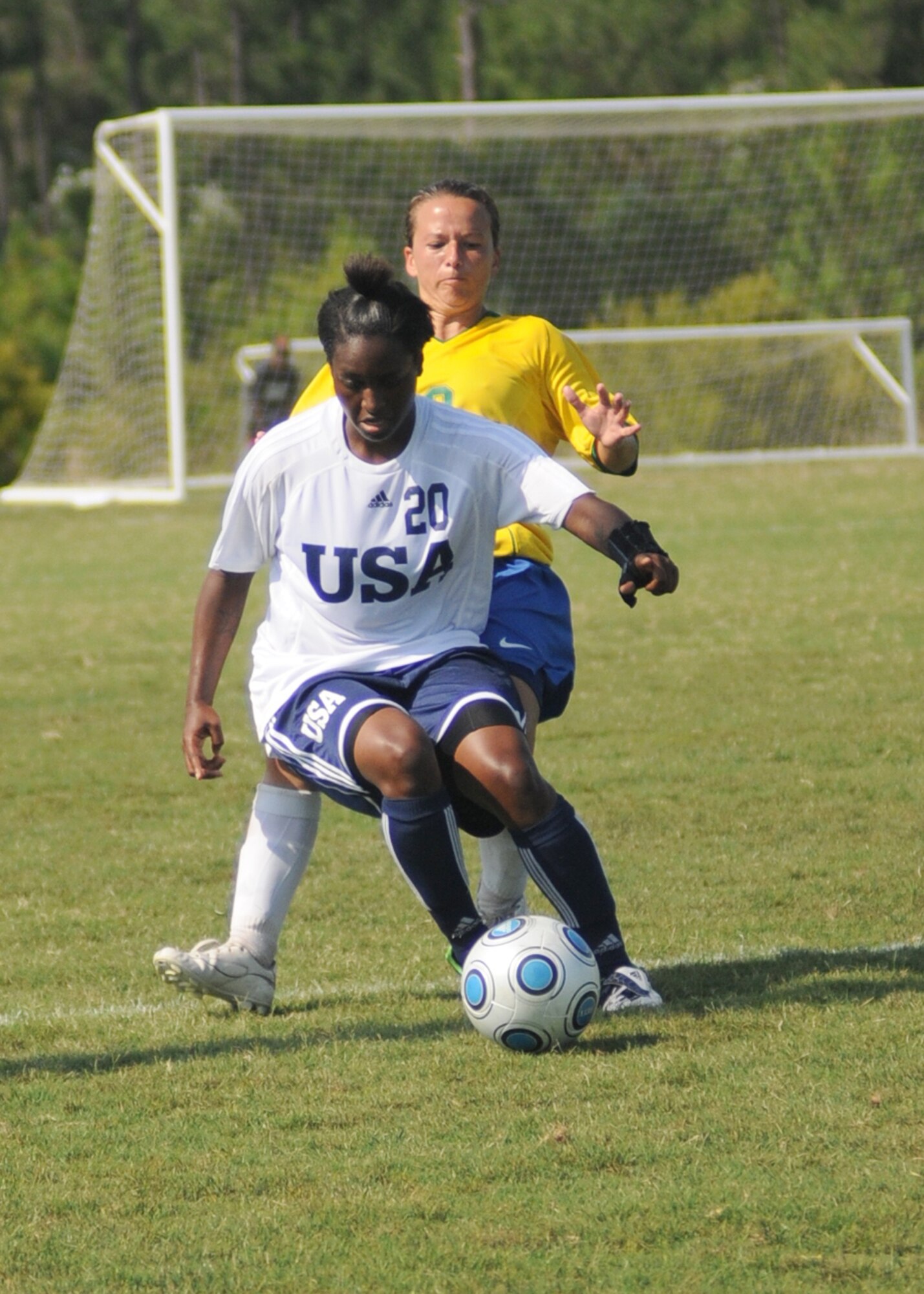 Brazil and the United States compete during the 5th CISM Women’s Soccer Championship at the Gulfport Sports Complex 9 June.  The CISM tournament, hosted by Keesler Air Force Base, includes teams from Brazil, Canada, France, Germany, The Netherlands, The Republic of South Korea and the United States.  Matches are being held June 6 to 13, with the Gold match June 13 at 2 p.m.  Organizers say the tournament gives teams and people who attend a chance to develop bonds and life-long friendships between the countries and a chance to learn about one another’s cultural similarities and differences.  (U.S. Air Force photo by Kemberly Groue)