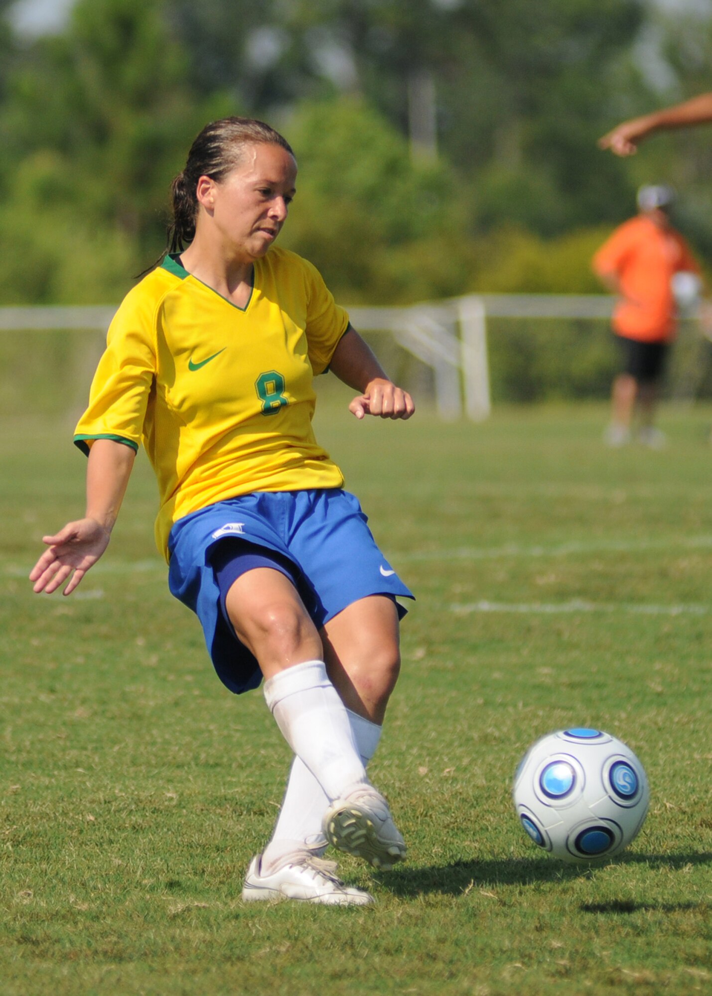 Brazil and the United States compete during the 5th CISM Women’s Soccer Championship at the Gulfport Sports Complex 9 June.  The CISM tournament, hosted by Keesler Air Force Base, includes teams from Brazil, Canada, France, Germany, The Netherlands, The Republic of South Korea and the United States.  Matches are being held June 6 to 13, with the Gold match June 13 at 2 p.m.  Organizers say the tournament gives teams and people who attend a chance to develop bonds and life-long friendships between the countries and a chance to learn about one another’s cultural similarities and differences.  (U.S. Air Force photo by Kemberly Groue)