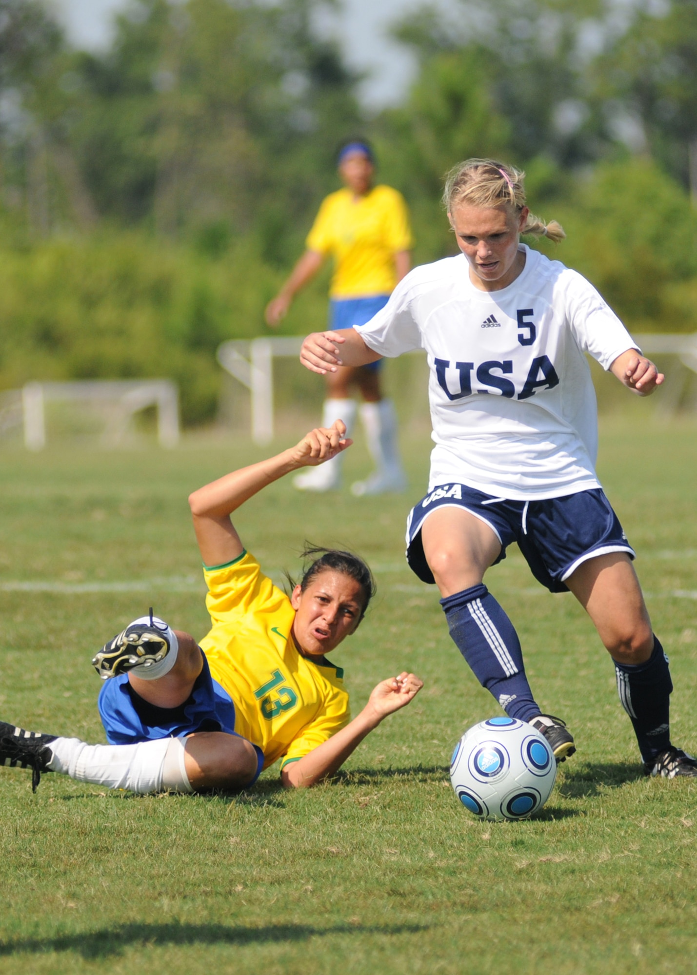 Brazil and the United States compete during the 5th CISM Women’s Soccer Championship at the Gulfport Sports Complex 9 June.  The CISM tournament, hosted by Keesler Air Force Base, includes teams from Brazil, Canada, France, Germany, The Netherlands, The Republic of South Korea and the United States.  Matches are being held June 6 to 13, with the Gold match June 13 at 2 p.m.  Organizers say the tournament gives teams and people who attend a chance to develop bonds and life-long friendships between the countries and a chance to learn about one another’s cultural similarities and differences.  (U.S. Air Force photo by Kemberly Groue)