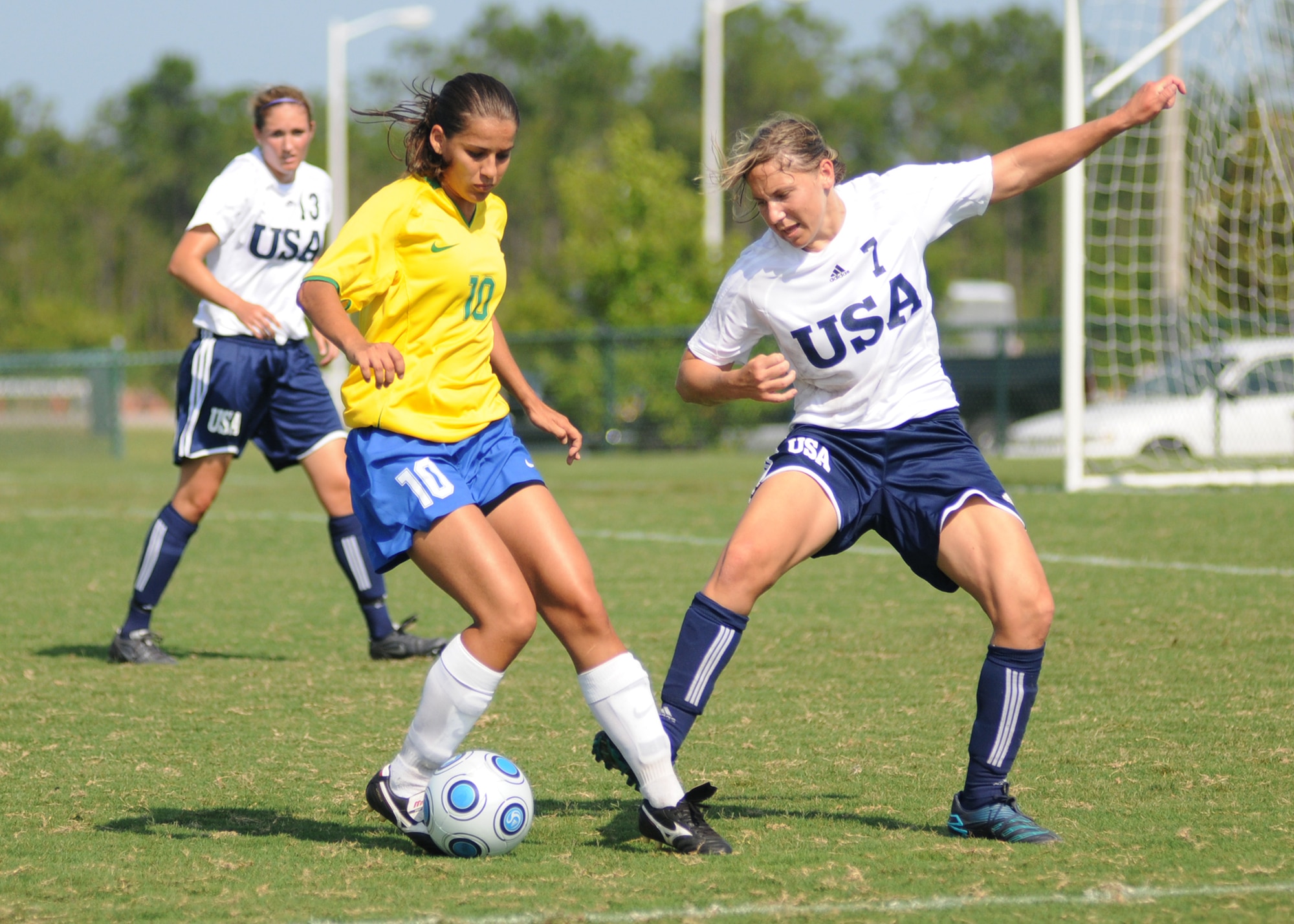 Brazil and the United States compete during the 5th CISM Women’s Soccer Championship at the Gulfport Sports Complex 9 June.  The CISM tournament, hosted by Keesler Air Force Base, includes teams from Brazil, Canada, France, Germany, The Netherlands, The Republic of South Korea and the United States.  Matches are being held June 6 to 13, with the Gold match June 13 at 2 p.m.  Organizers say the tournament gives teams and people who attend a chance to develop bonds and life-long friendships between the countries and a chance to learn about one another’s cultural similarities and differences.  (U.S. Air Force photo by Kemberly Groue)