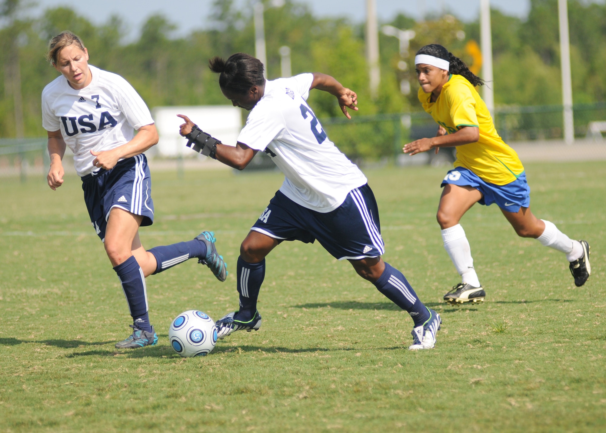 Brazil and the United States compete during the 5th CISM Women’s Soccer Championship at the Gulfport Sports Complex 9 June.  The CISM tournament, hosted by Keesler Air Force Base, includes teams from Brazil, Canada, France, Germany, The Netherlands, The Republic of South Korea and the United States.  Matches are being held June 6 to 13, with the Gold match June 13 at 2 p.m.  Organizers say the tournament gives teams and people who attend a chance to develop bonds and life-long friendships between the countries and a chance to learn about one another’s cultural similarities and differences.  (U.S. Air Force photo by Kemberly Groue)