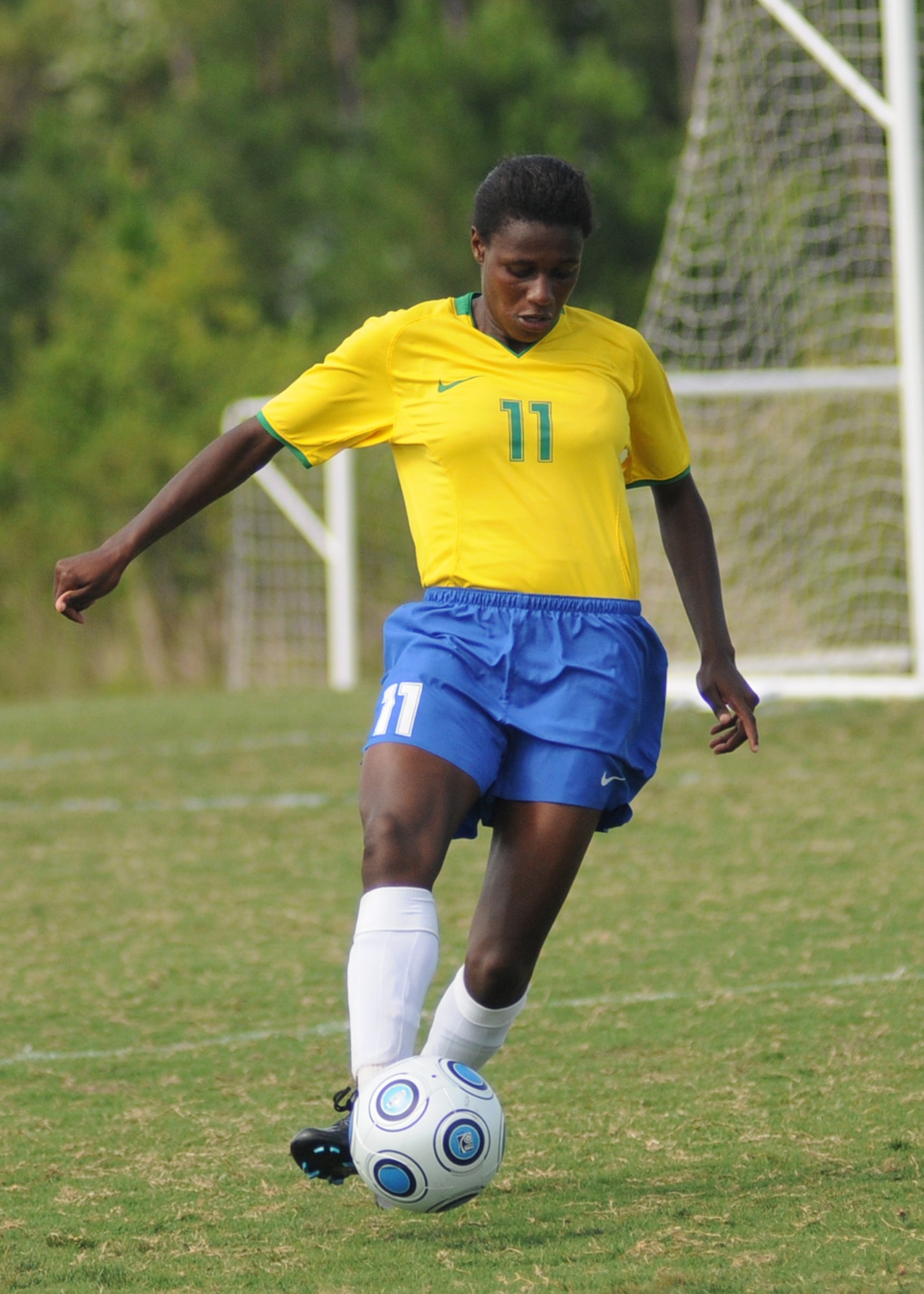 Brazil and the United States compete during the 5th CISM Women’s Soccer Championship at the Gulfport Sports Complex 9 June.  The CISM tournament, hosted by Keesler Air Force Base, includes teams from Brazil, Canada, France, Germany, The Netherlands, The Republic of South Korea and the United States.  Matches are being held June 6 to 13, with the Gold match June 13 at 2 p.m.  Organizers say the tournament gives teams and people who attend a chance to develop bonds and life-long friendships between the countries and a chance to learn about one another’s cultural similarities and differences.  (U.S. Air Force photo by Kemberly Groue)