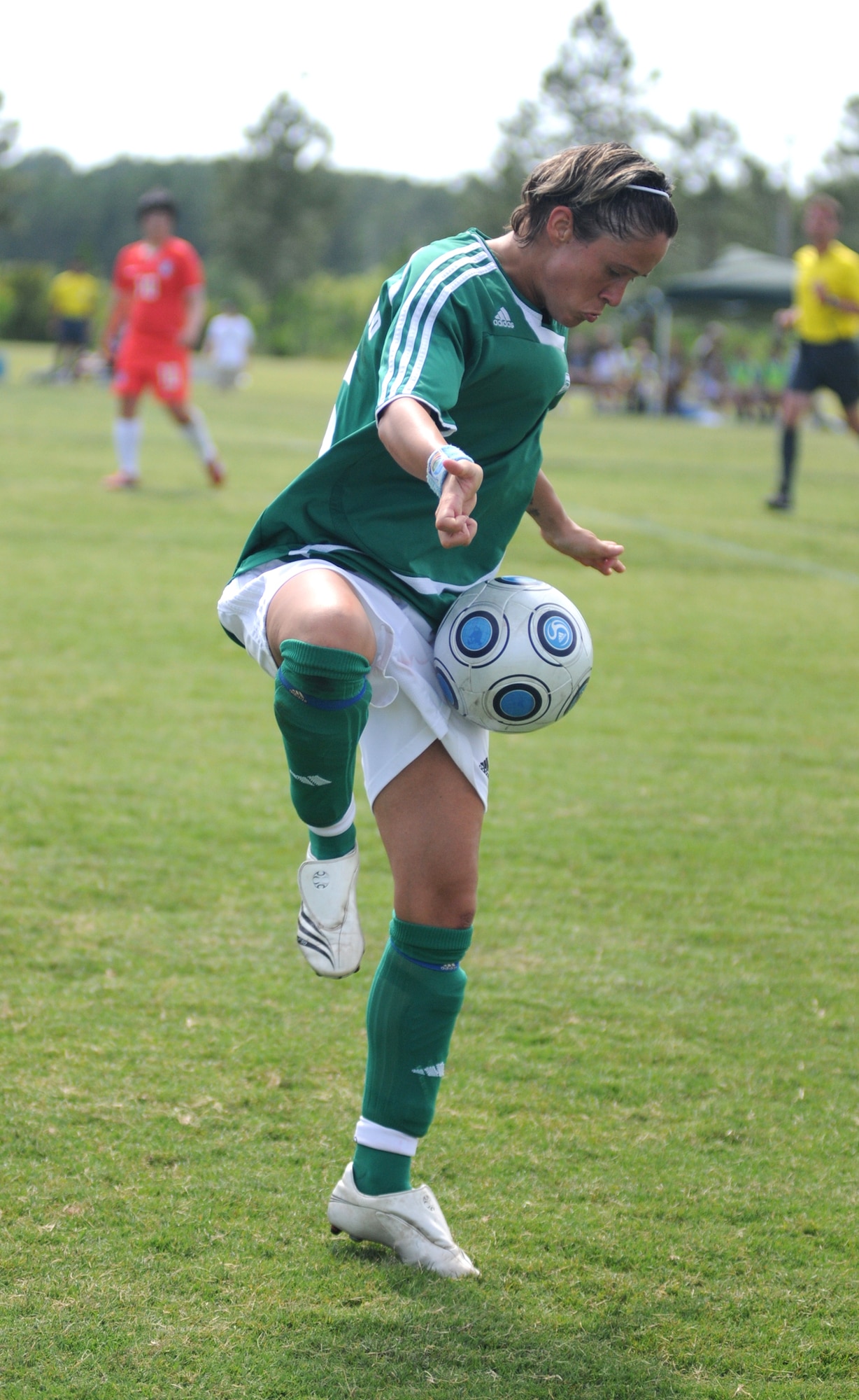 Germany and The Republic of South Korea compete during the 5th CISM Women’s Soccer Championship at the Gulfport Sports Complex 9 June.  The CISM tournament, hosted by Keesler Air Force Base, includes teams from Brazil, Canada, France, Germany, The Netherlands, The Republic of South Korea and the United States.  Matches are being held June 6 to 13, with the Gold match June 13 at 2 p.m.  Organizers say the tournament gives teams and people who attend a chance to develop bonds and life-long friendships between the countries and a chance to learn about one another’s cultural similarities and differences.  (U.S. Air Force photo by Kemberly Groue)