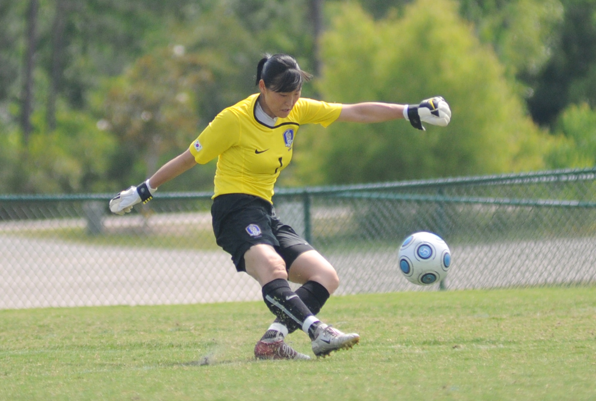Germany and The Republic of South Korea compete during the 5th CISM Women’s Soccer Championship at the Gulfport Sports Complex 9 June.  The CISM tournament, hosted by Keesler Air Force Base, includes teams from Brazil, Canada, France, Germany, The Netherlands, The Republic of South Korea and the United States.  Matches are being held June 6 to 13, with the Gold match June 13 at 2 p.m.  Organizers say the tournament gives teams and people who attend a chance to develop bonds and life-long friendships between the countries and a chance to learn about one another’s cultural similarities and differences.  (U.S. Air Force photo by Kemberly Groue)