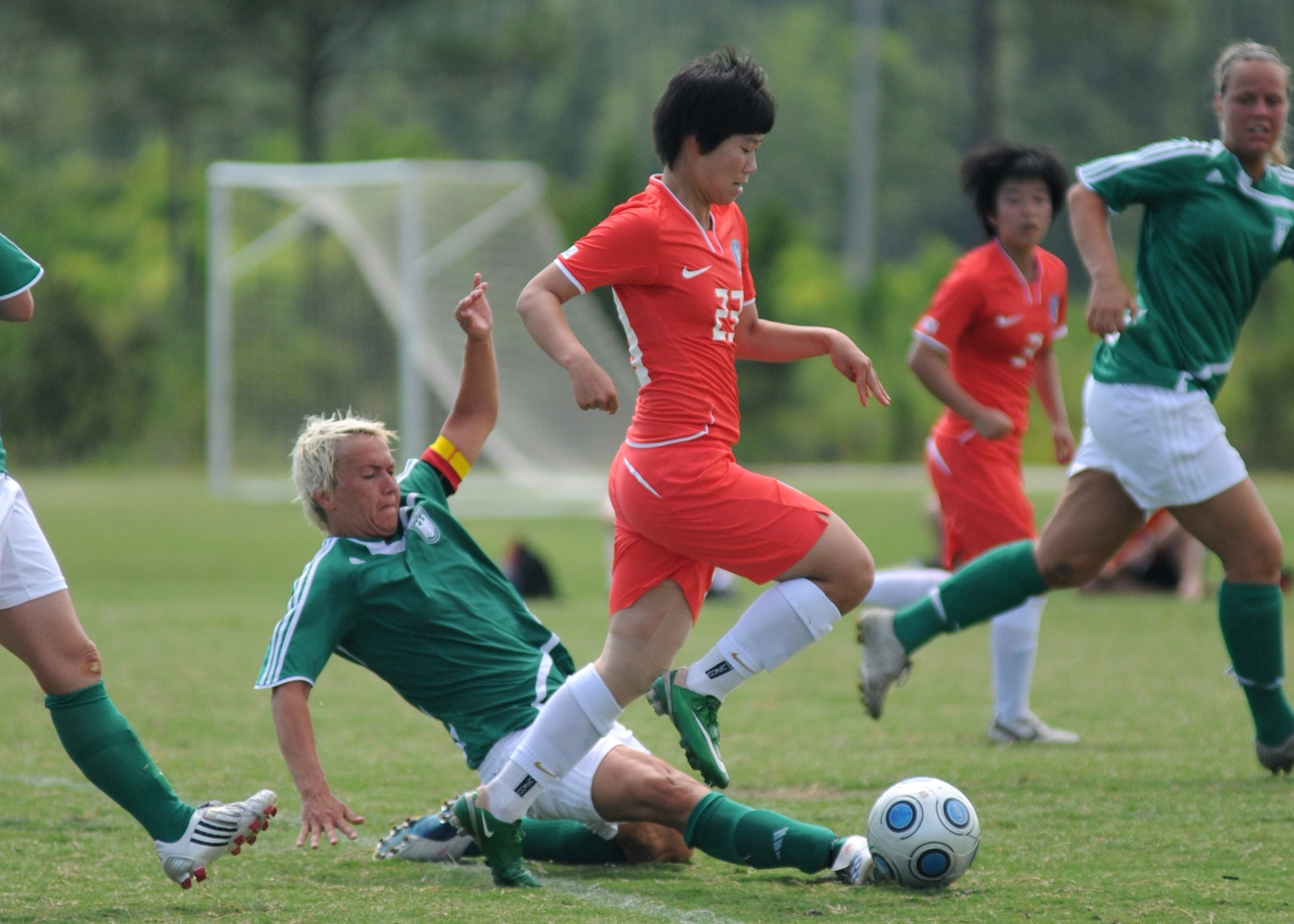 Germany and The Republic of South Korea compete during the 5th CISM Women’s Soccer Championship at the Gulfport Sports Complex 9 June.  The CISM tournament, hosted by Keesler Air Force Base, includes teams from Brazil, Canada, France, Germany, The Netherlands, The Republic of South Korea and the United States.  Matches are being held June 6 to 13, with the Gold match June 13 at 2 p.m.  Organizers say the tournament gives teams and people who attend a chance to develop bonds and life-long friendships between the countries and a chance to learn about one another’s cultural similarities and differences.  (U.S. Air Force photo by Kemberly Groue)
