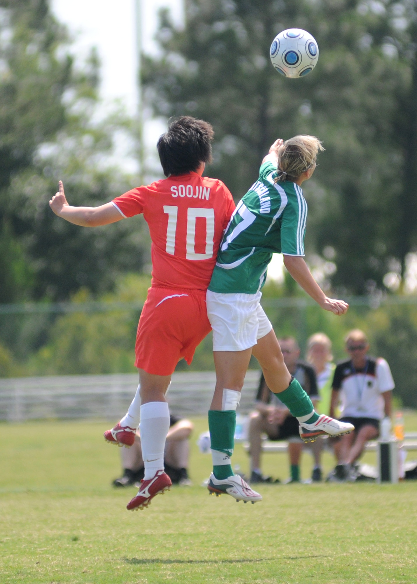 Germany and The Republic of South Korea compete during the 5th CISM Women’s Soccer Championship at the Gulfport Sports Complex 9 June.  The CISM tournament, hosted by Keesler Air Force Base, includes teams from Brazil, Canada, France, Germany, The Netherlands, The Republic of South Korea and the United States.  Matches are being held June 6 to 13, with the Gold match June 13 at 2 p.m.  Organizers say the tournament gives teams and people who attend a chance to develop bonds and life-long friendships between the countries and a chance to learn about one another’s cultural similarities and differences.  (U.S. Air Force photo by Kemberly Groue)